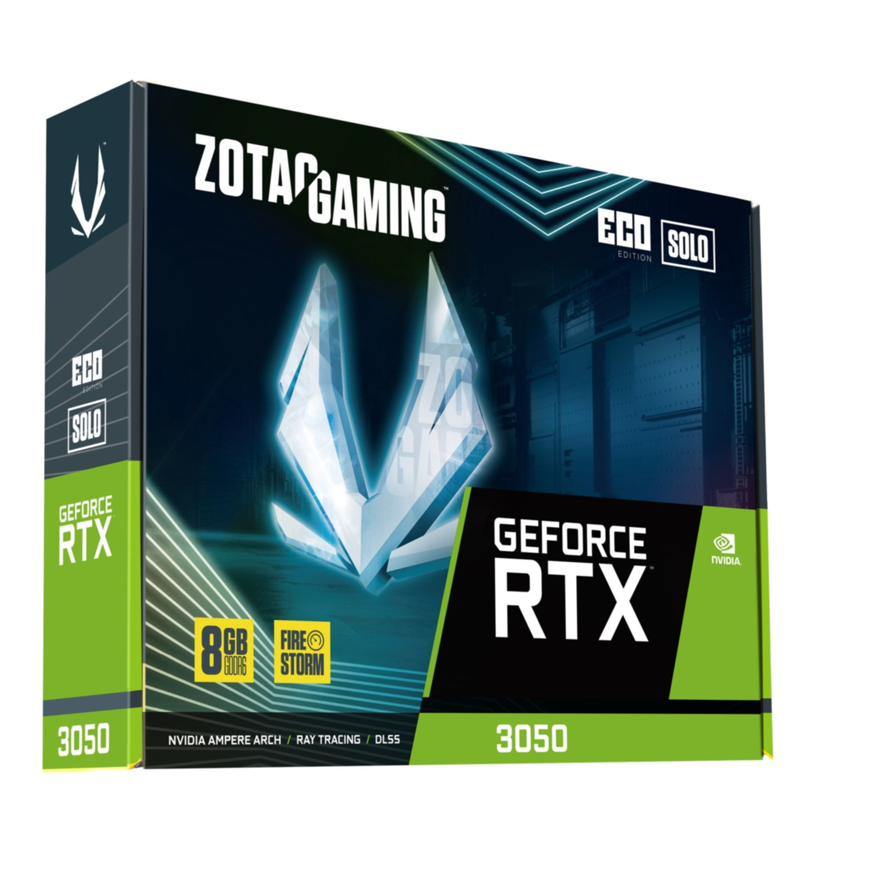Pudełko karty graficznej ZOTAC GAMING GeForce RTX 3050, 8GB GDDR6, edycja Eco Solo.