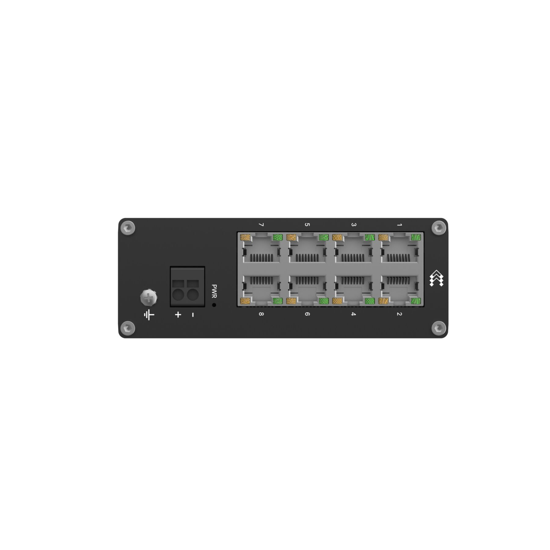 Un appareil noir avec 8 ports Ethernet numérotés, de 1 à 8.