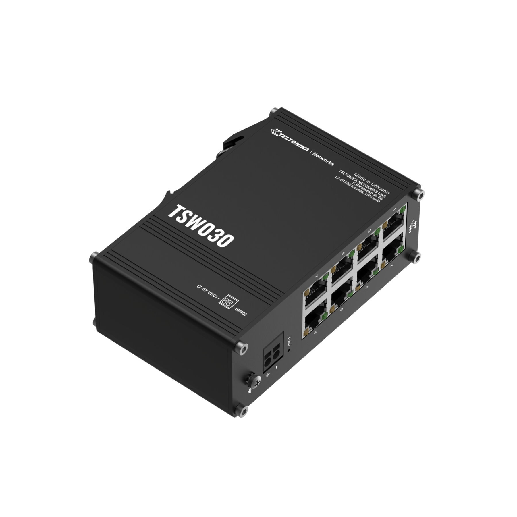 Un switch réseau noir Teltonika TSW030 avec huit ports.