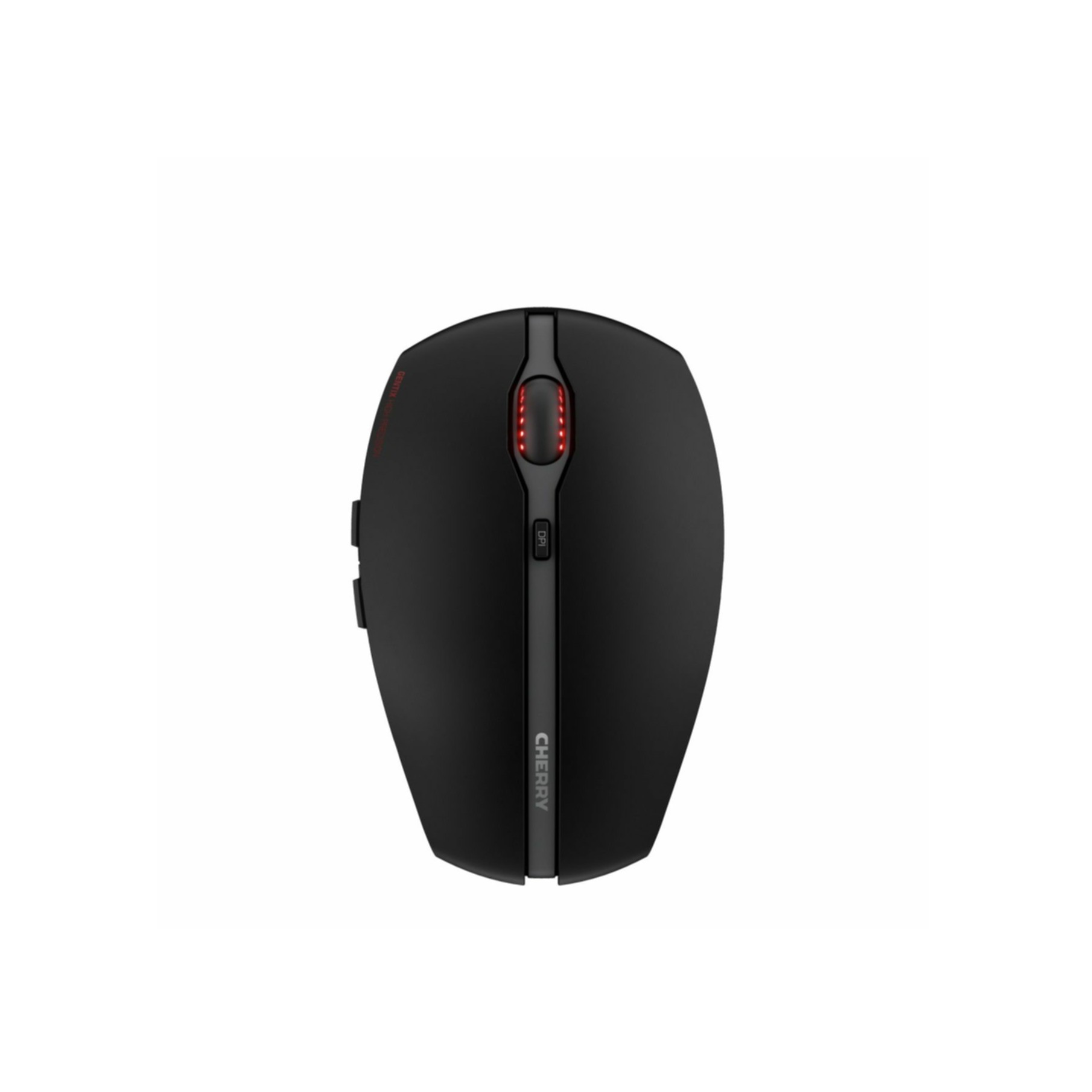 Czarna mysz komputerowa z czerwonym kółkiem i przyciskiem DPI.