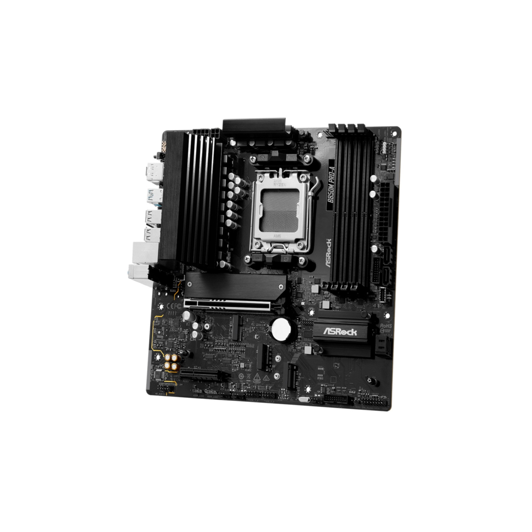 Czarna płyta główna ASRock B850M PRO-A z gniazdem CPU, slotami RAM i radiatorami.