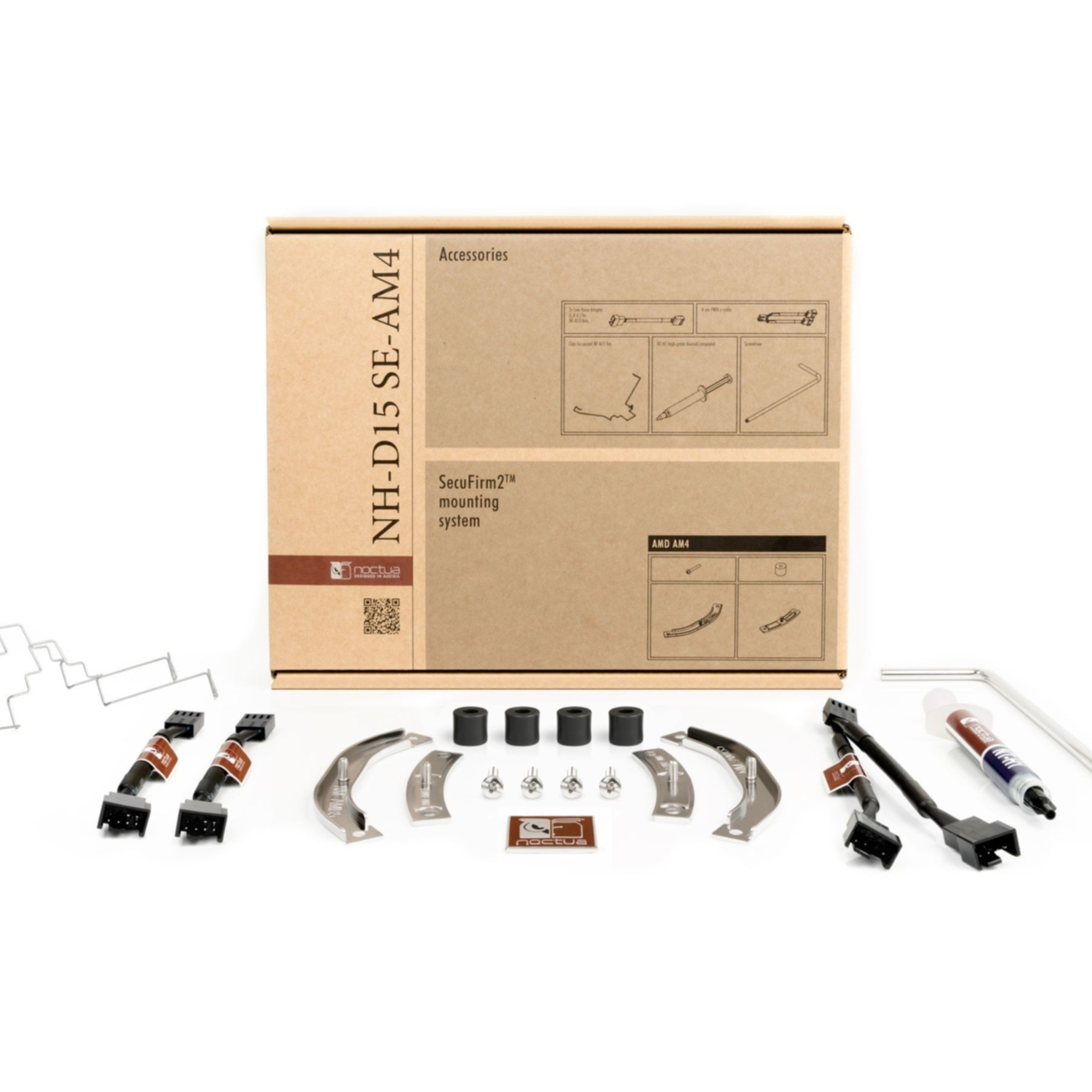Akcesoria Noctua do chłodzenia CPU AM4: wsporniki, śruby i pasta termoprzewodząca.