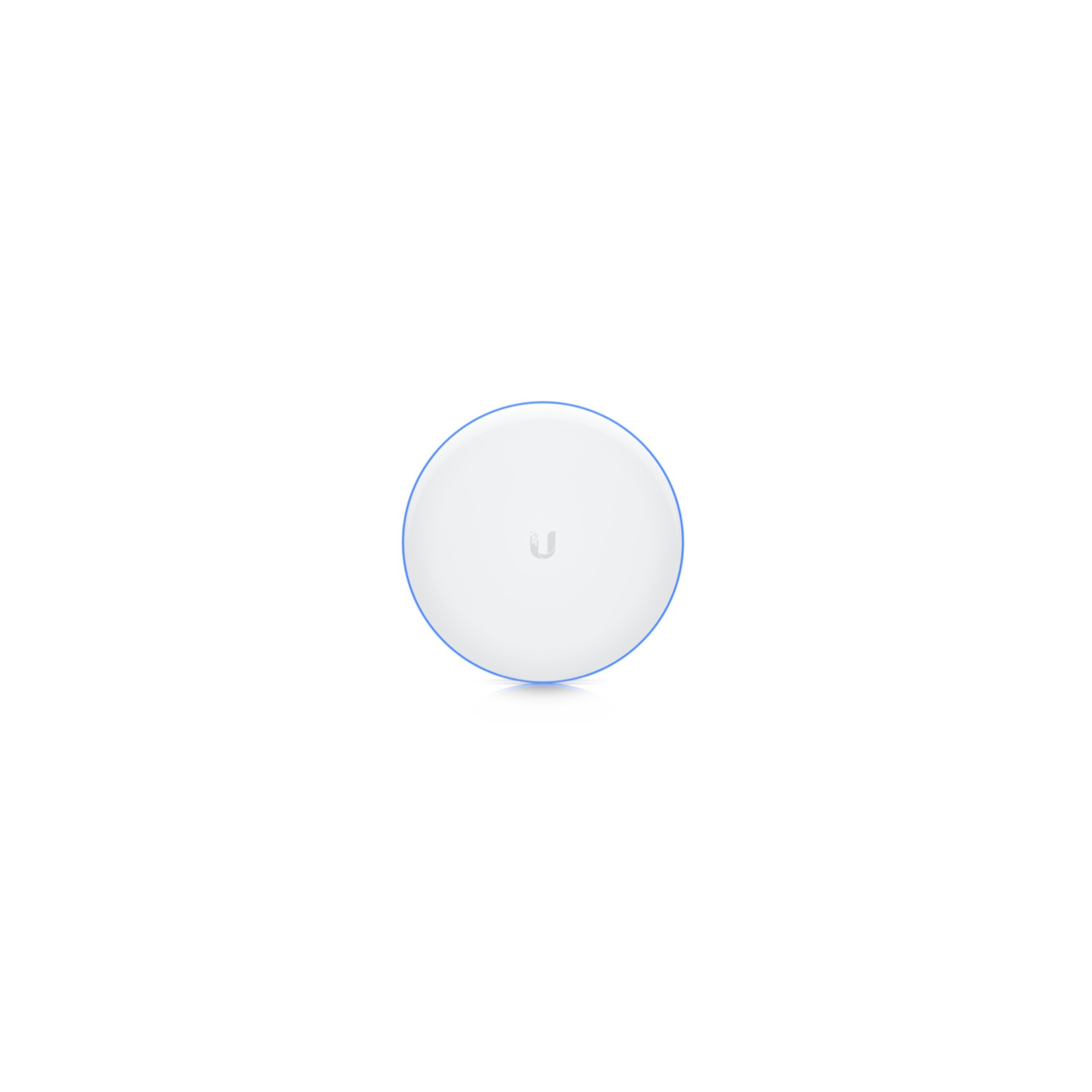 Un AP bianco e rotondo con bordo blu e logo Ubiquiti al centro.