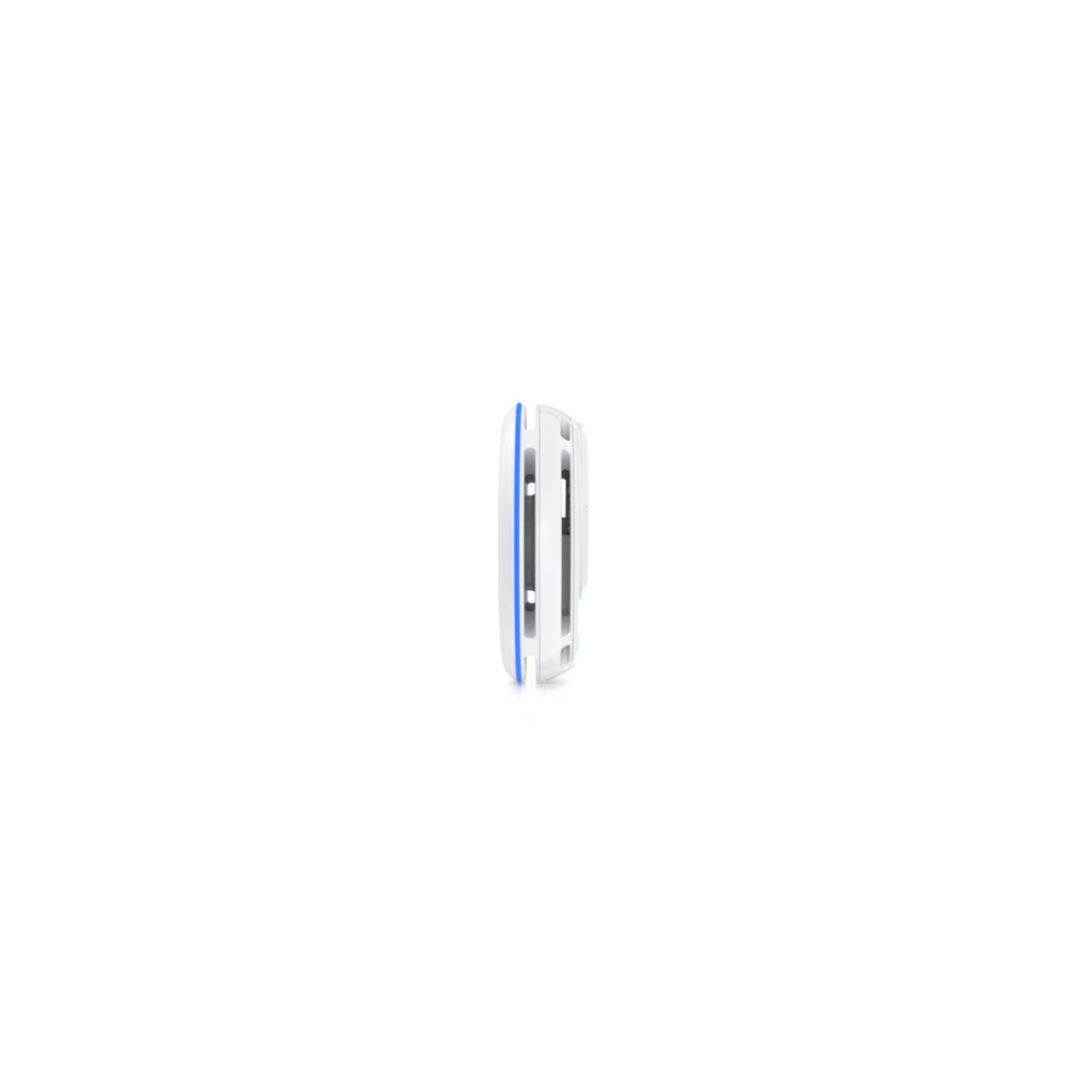 Un dispositivo bianco con accenti blu, mostrato di lato.