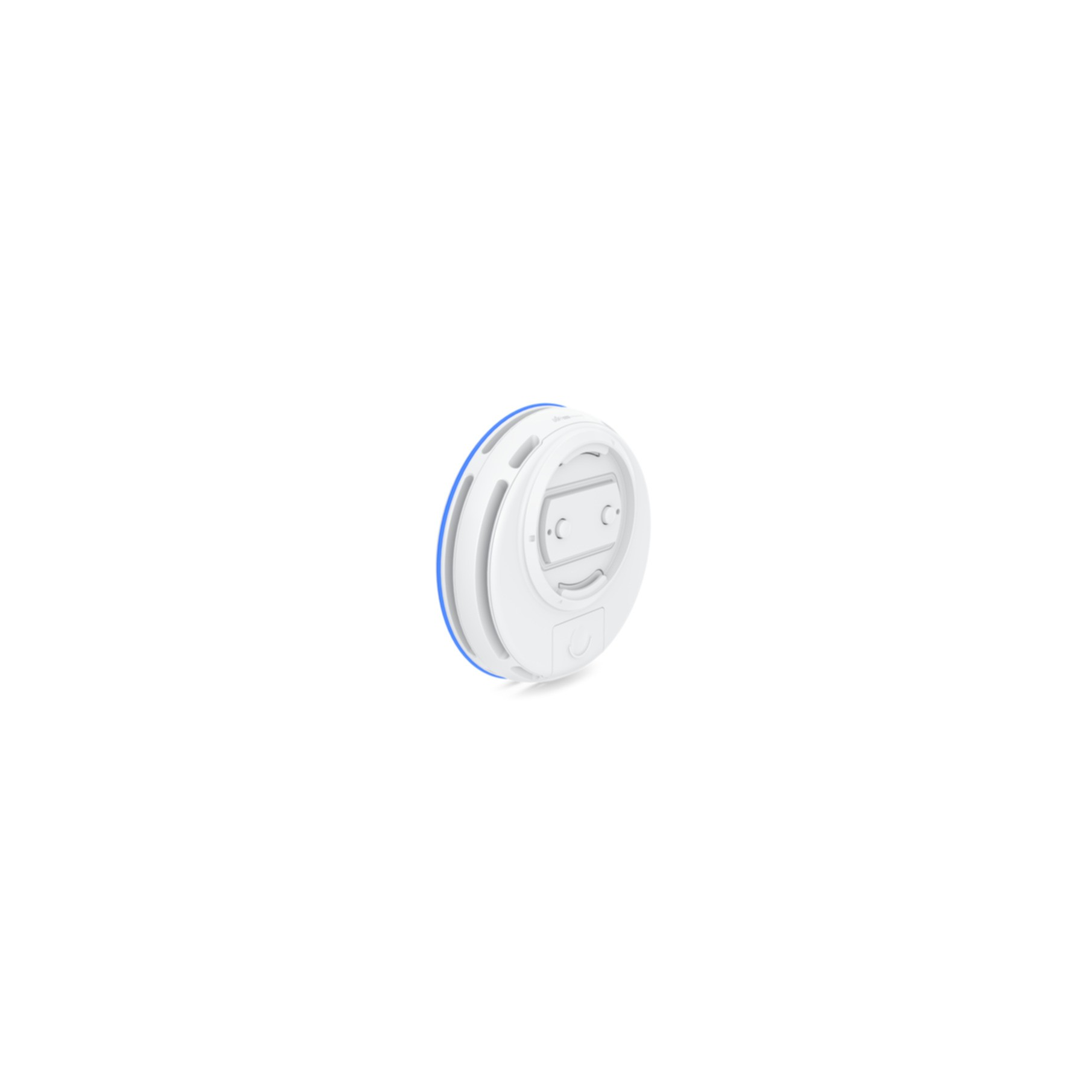 Un rilevatore di fumo rotondo bianco con accenti blu e fessure di ventilazione.