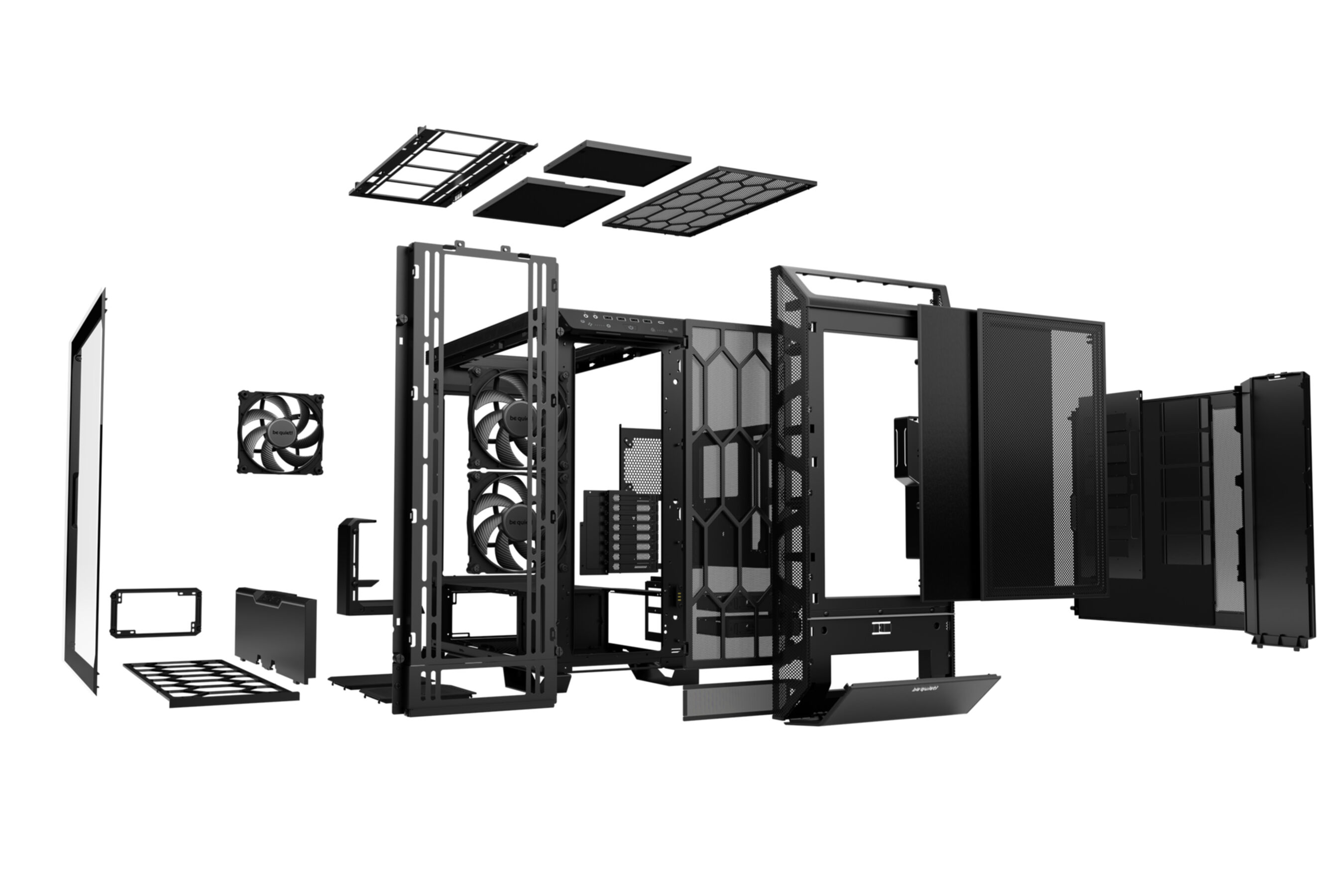 Widok rozłożony czarnej obudowy komputera z wentylatorami i podzespołami.