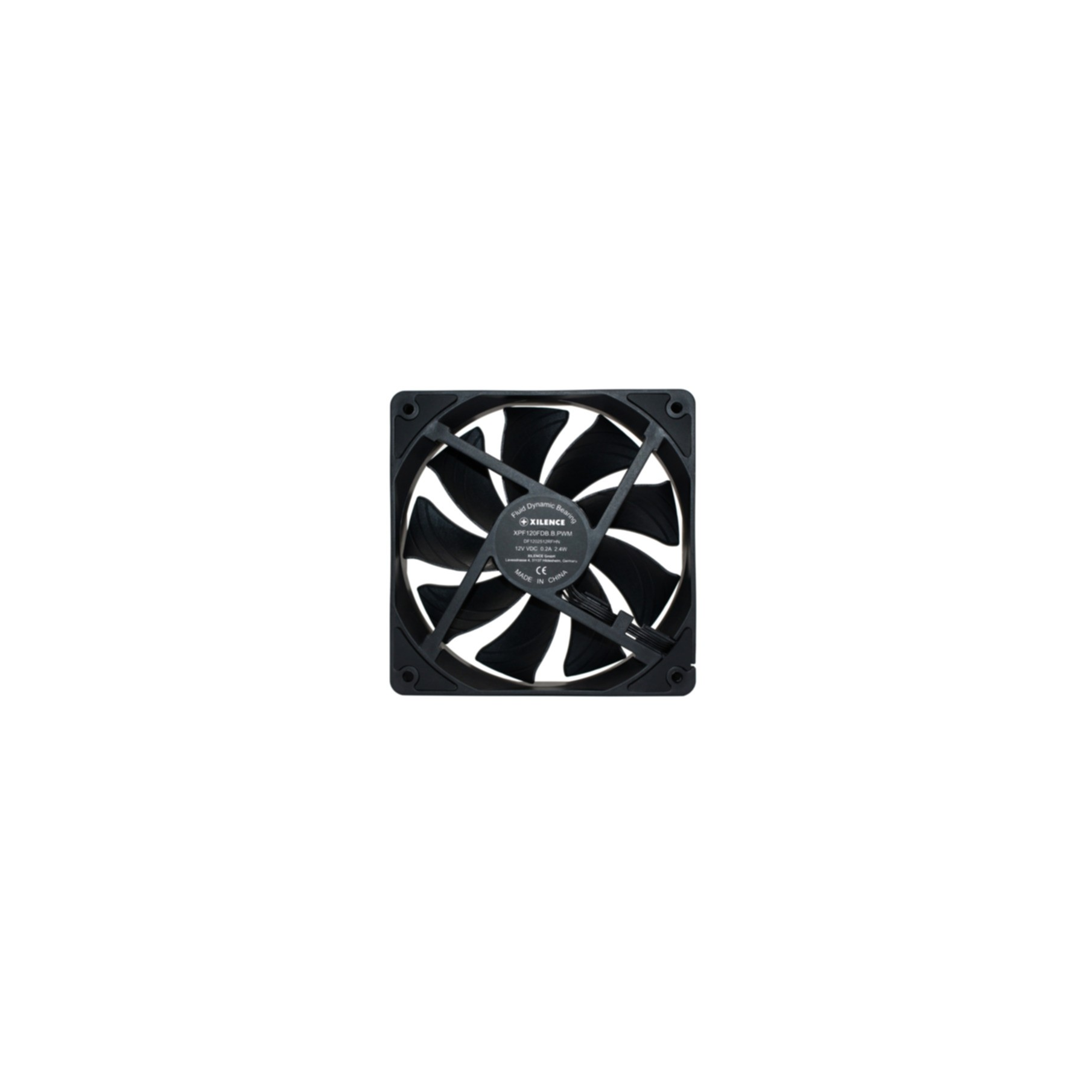 Black computer fan with nine blades and a black frame.