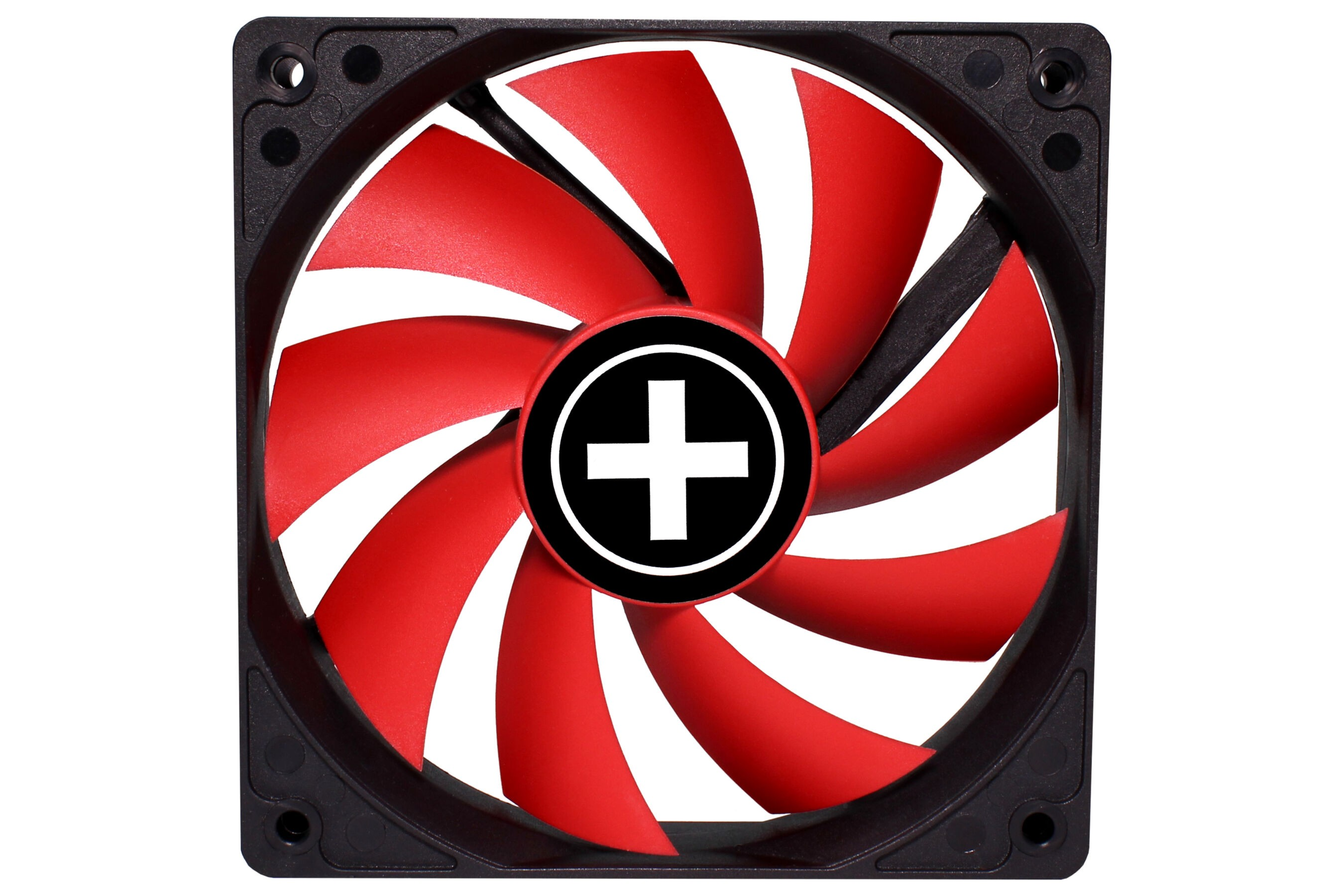 Ein schwarzer Computerlüfter mit roten Flügeln und einem weißen Kreuz auf schwarzem Kreis.