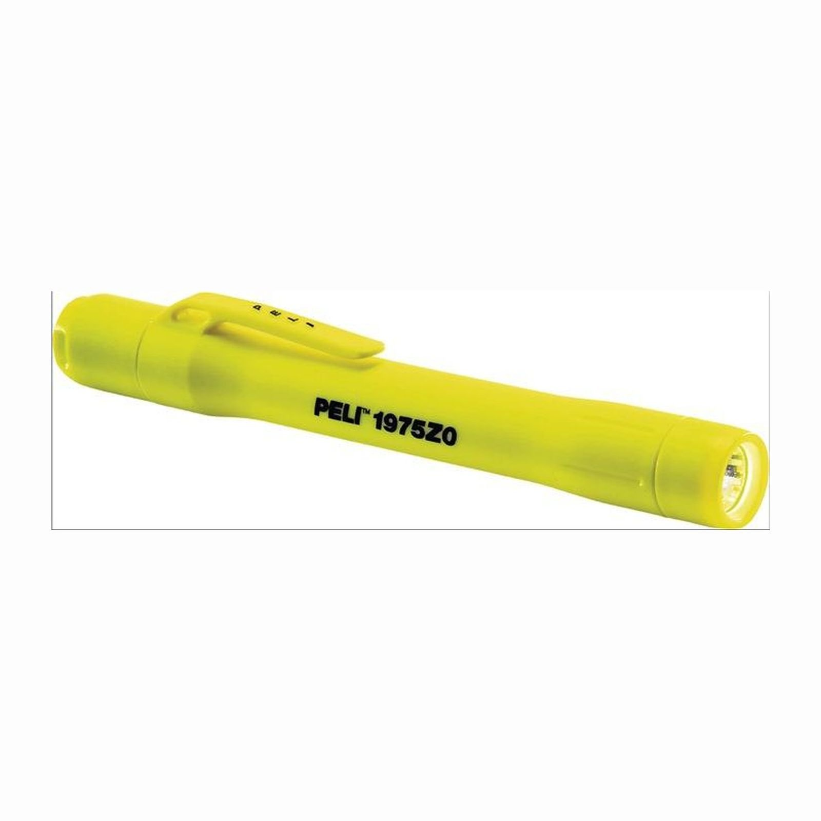 Eine gelbe Taschenlampe mit schwarzer Schrift und einem Clip.
