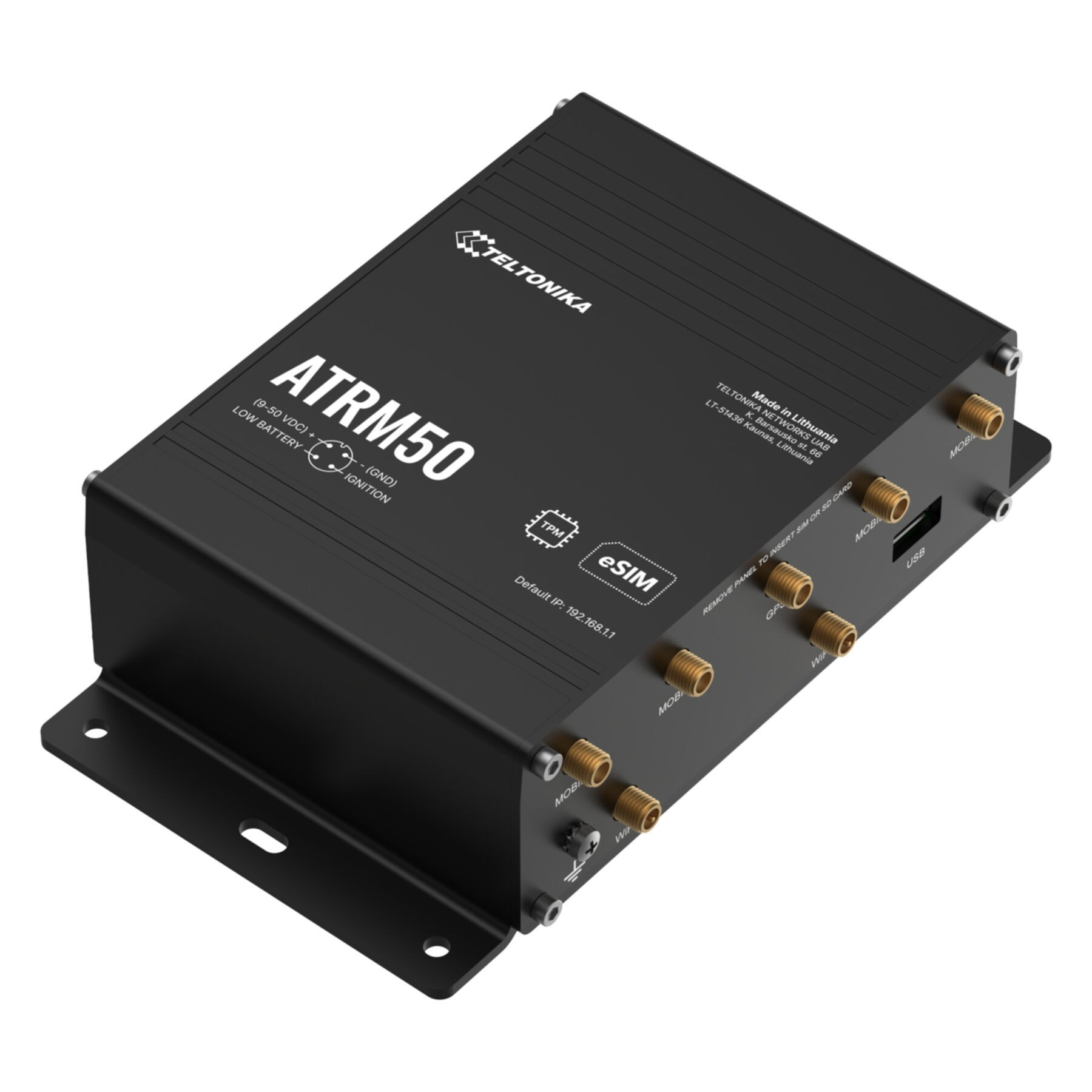 Zwart Teltonika ATRM50 apparaat met connectoren en labels.