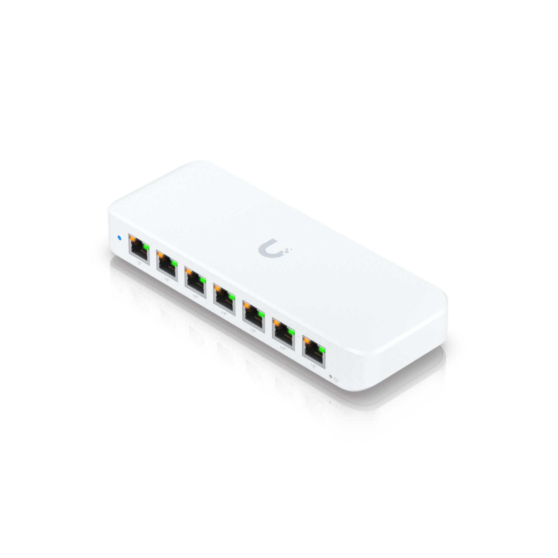 Ein weißer Netzwerk-Switch mit sechs Ethernet-Ports und grünen/orangen Lichtern.
