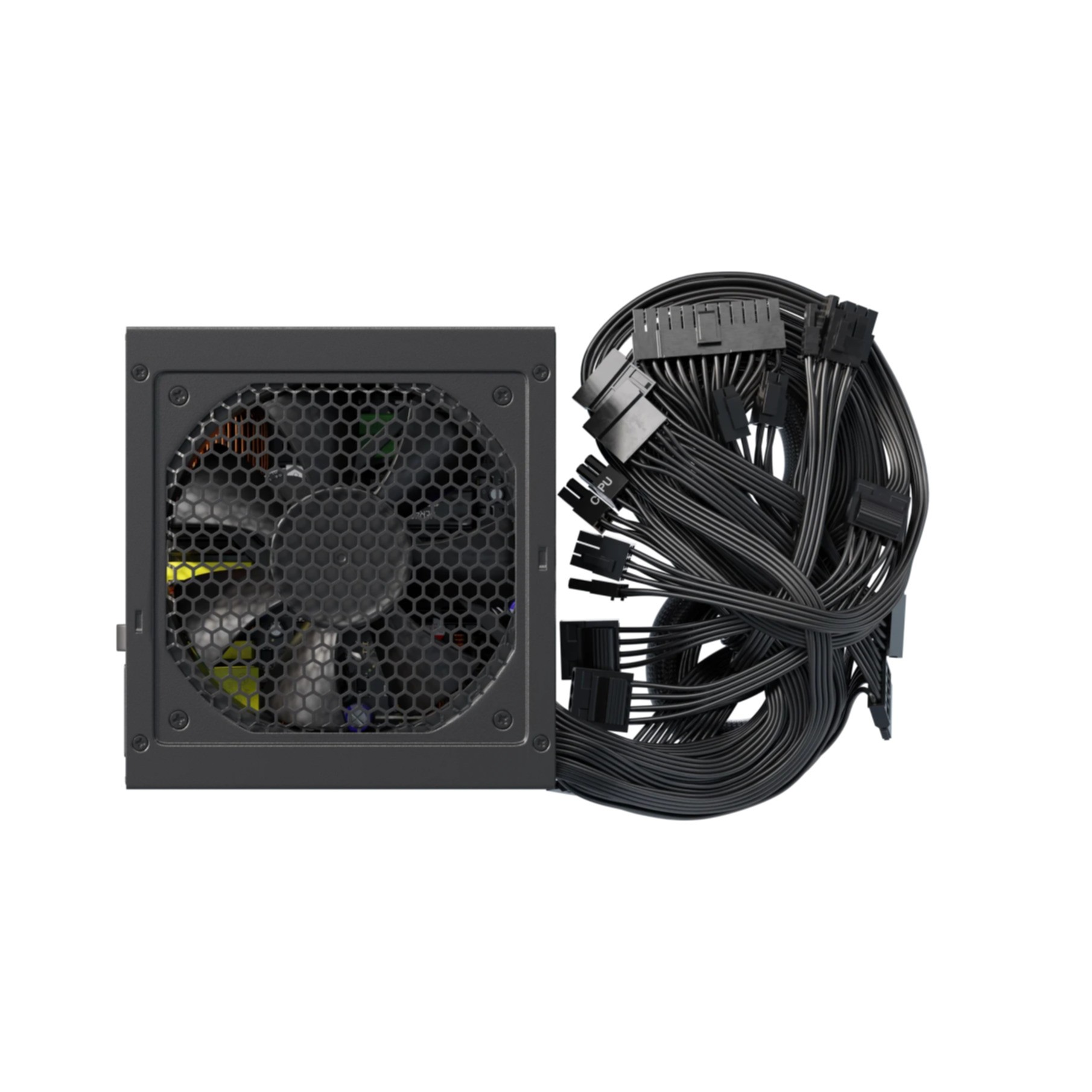 Czarny zasilacz komputerowy z wentylatorem i wieloma czarnymi kablami.