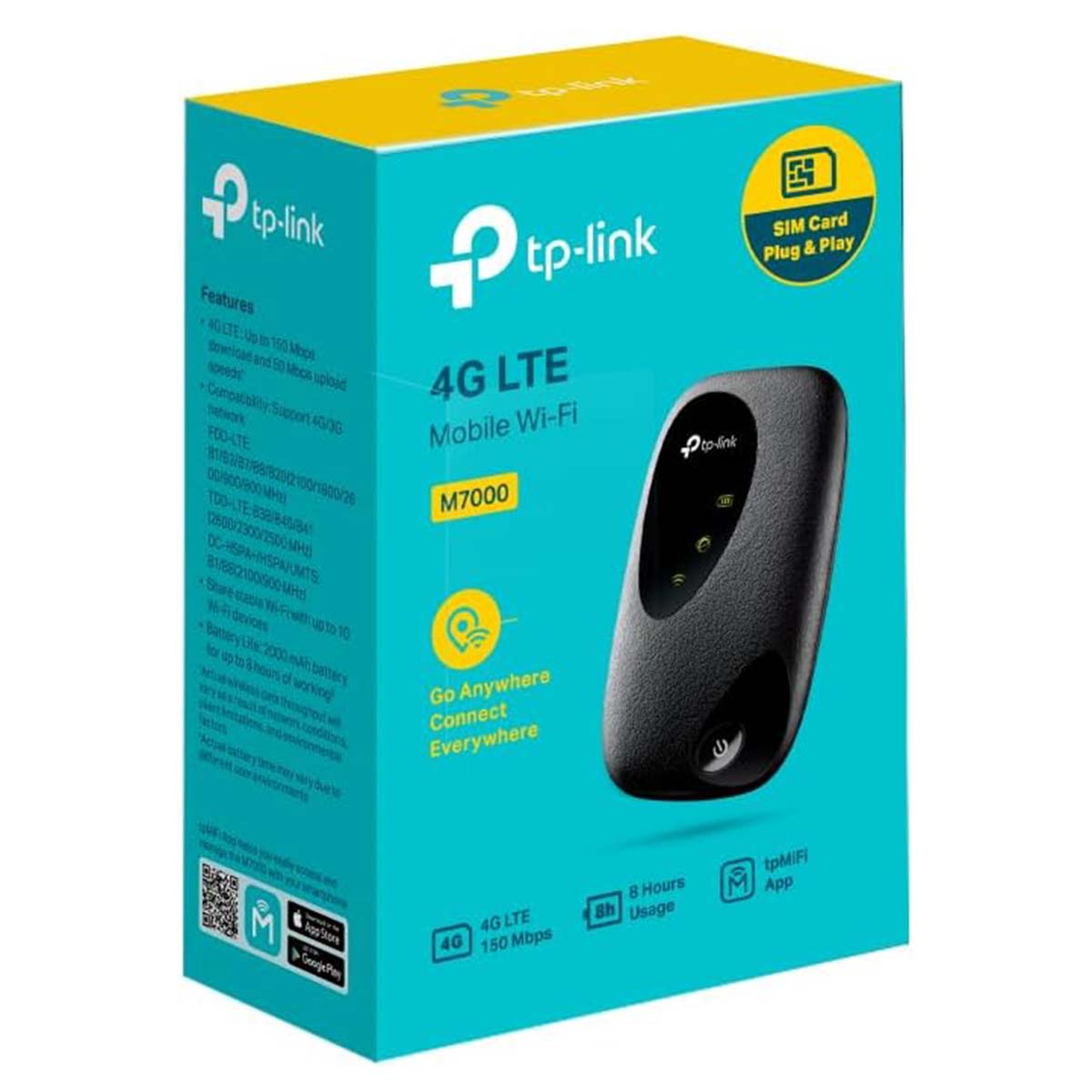 TP-Link M7000 4G LTE mobiele Wi-Fi router doos met apparaatafbeelding.