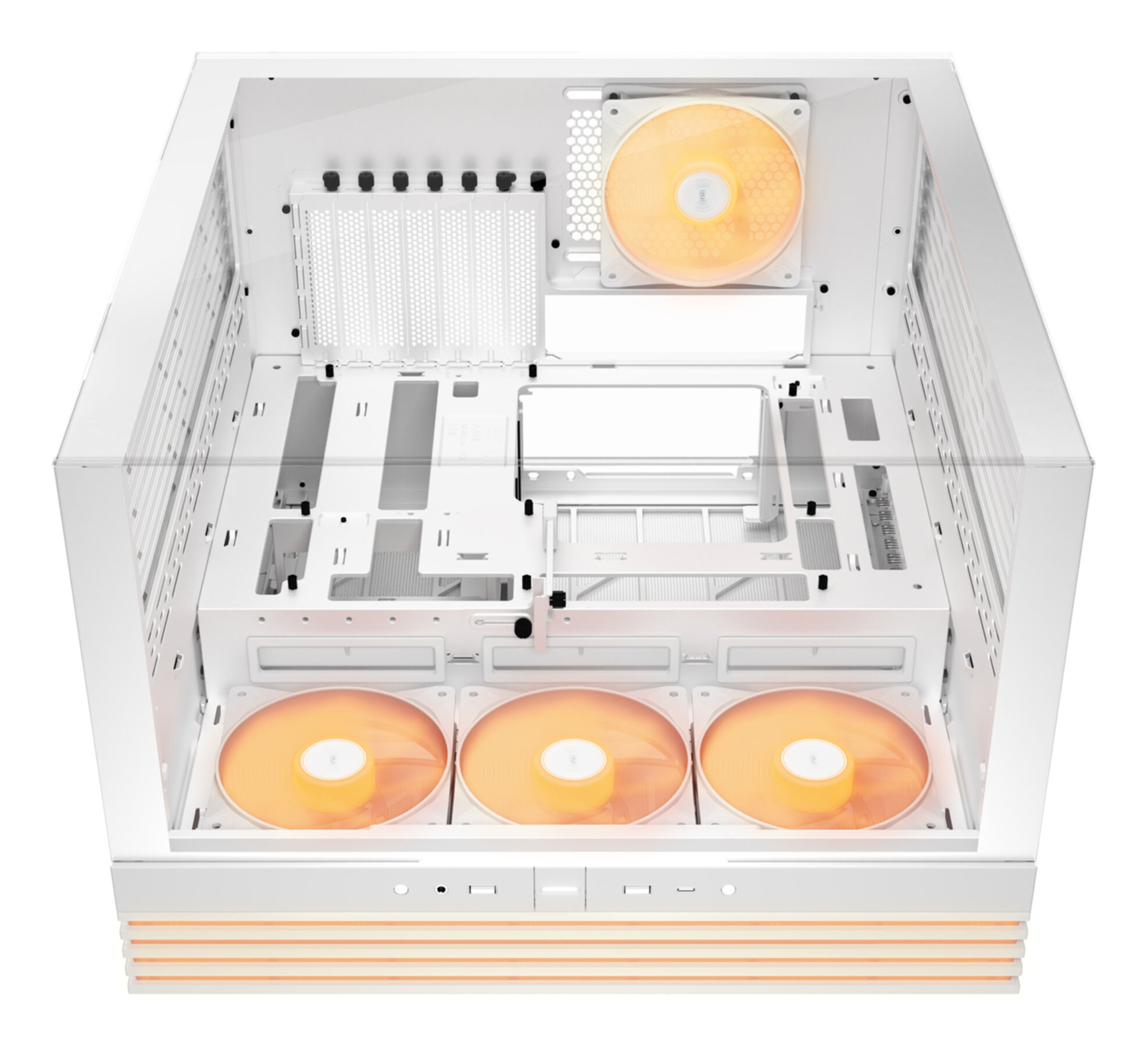 White computer case interior with orange fans, clear side panel, and ventilation grills.