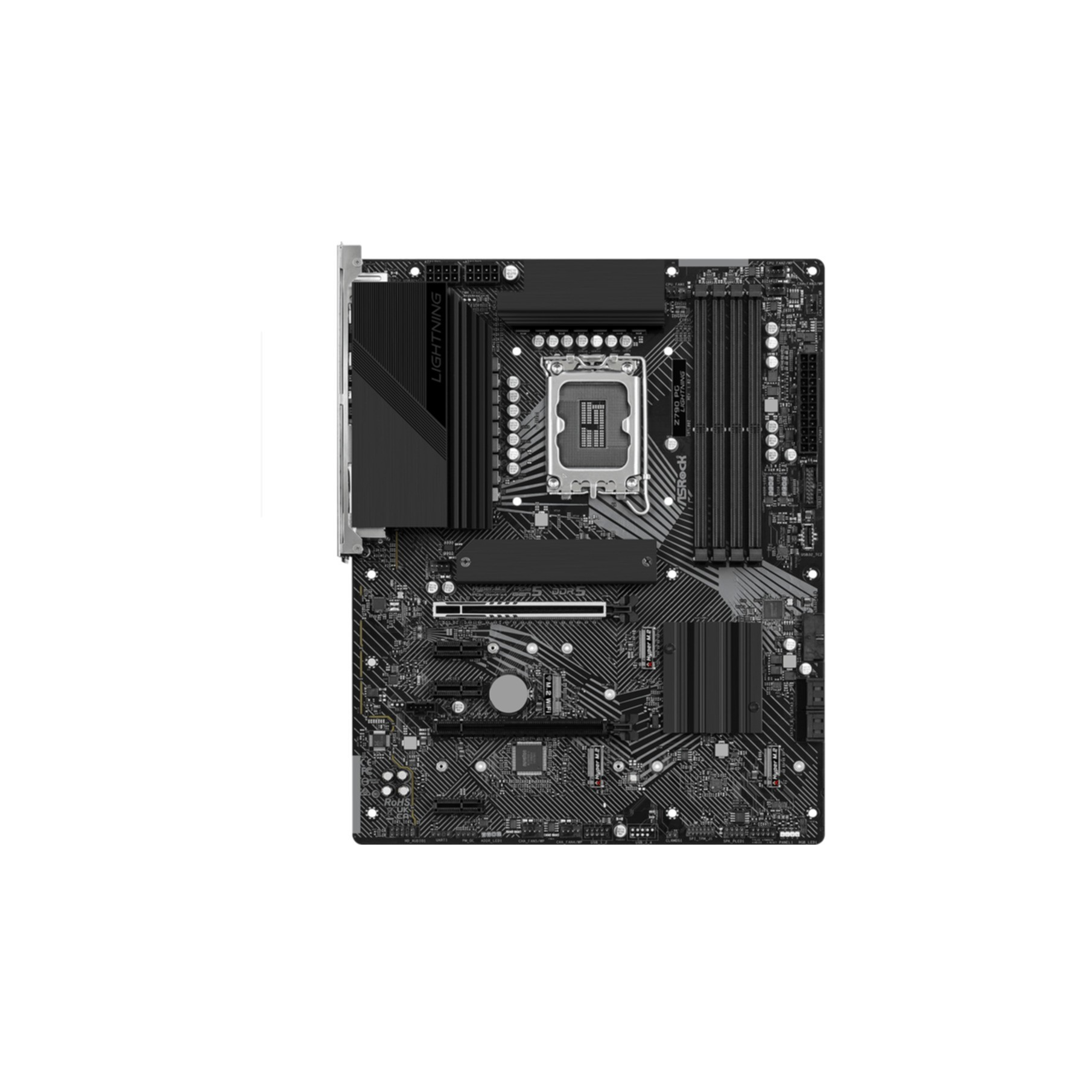 A black motherboard with silver accents and heatsinks.