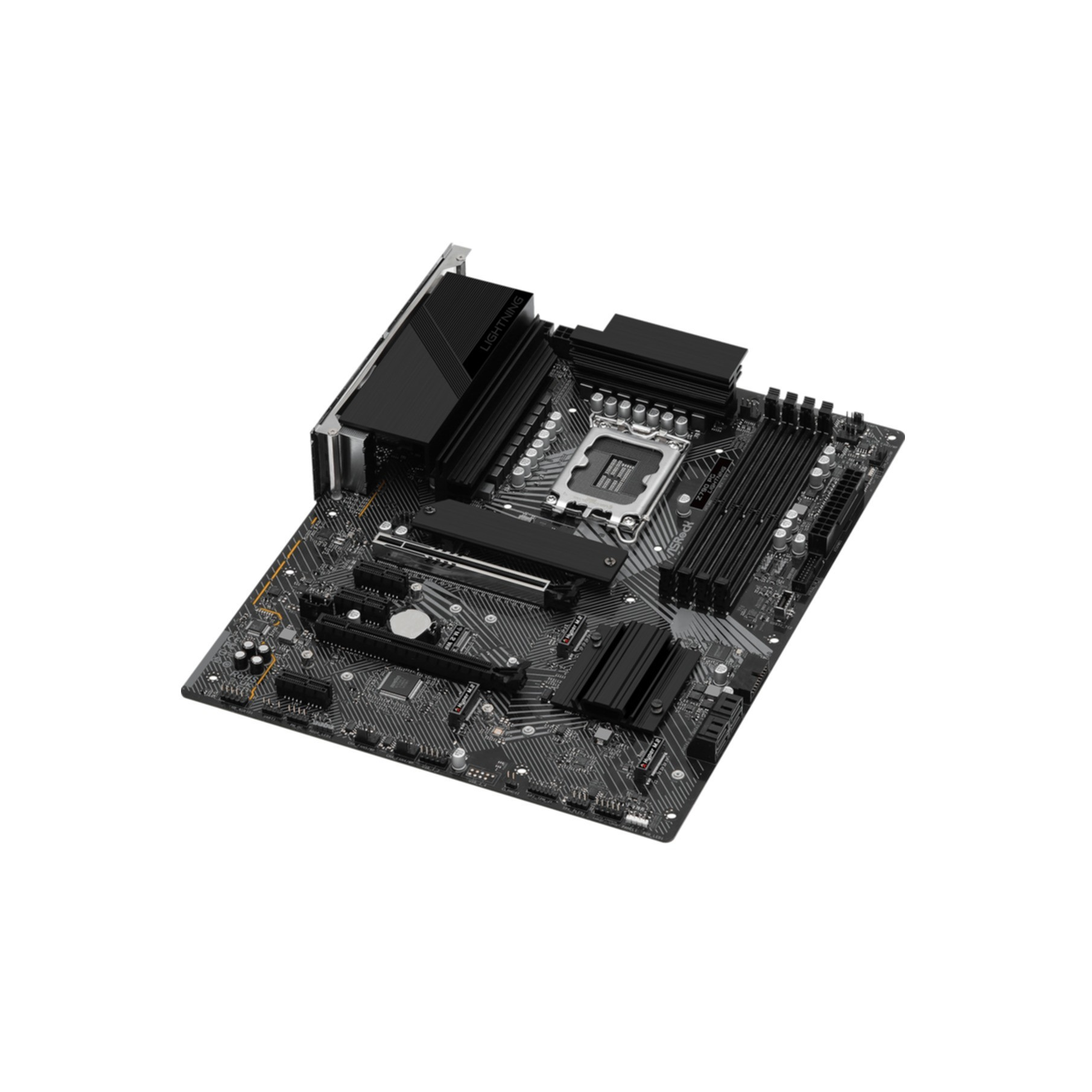 Black motherboard with heatsinks and CPU socket