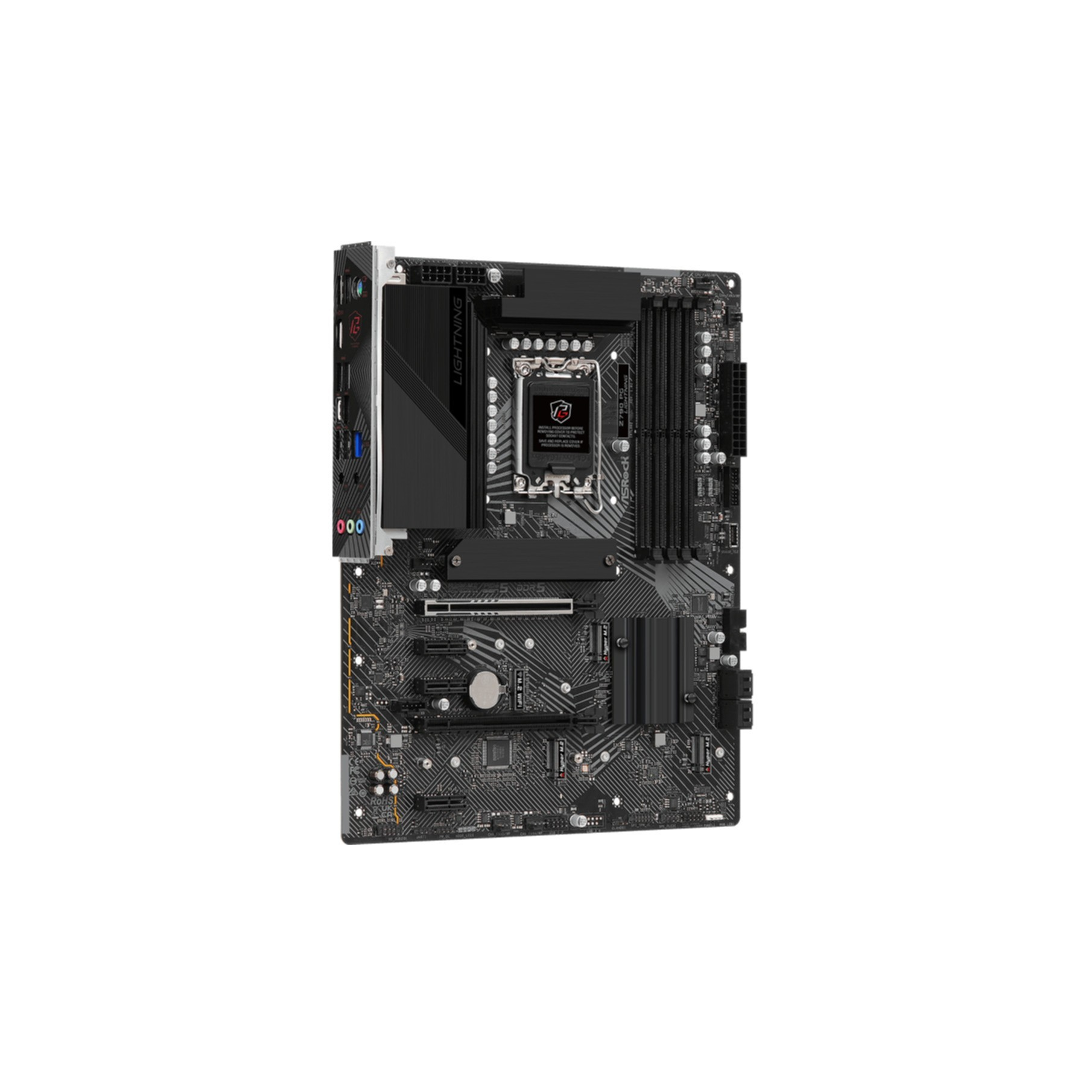A black motherboard with silver and gray details, white connectors, and a CPU socket.