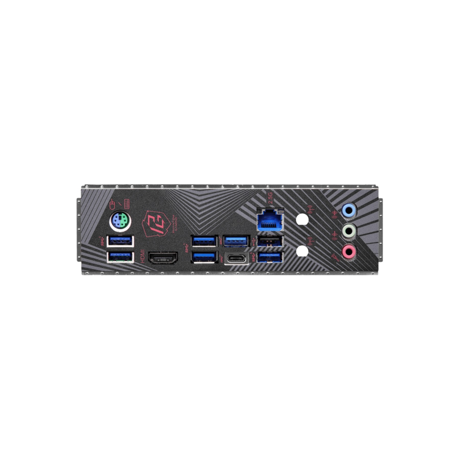 Rear view of a motherboard showing PS/2, HDMI, USB, Ethernet, and audio ports.
