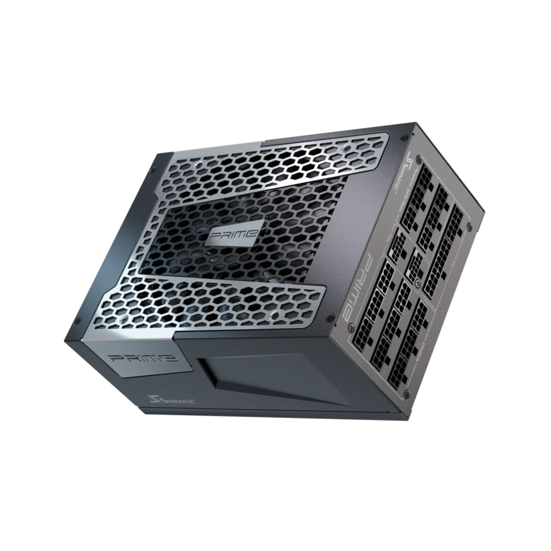 Czarny zasilacz z srebrnymi kratkami i tylnymi złączami.