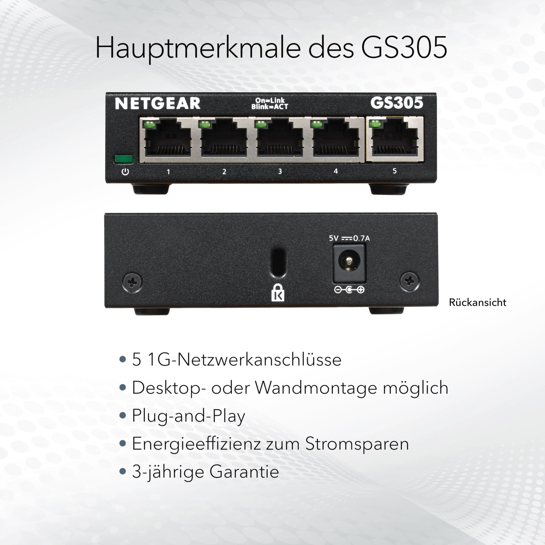 Switch Netgear GS305 z 5 portami, tył z wejściem zasilania.