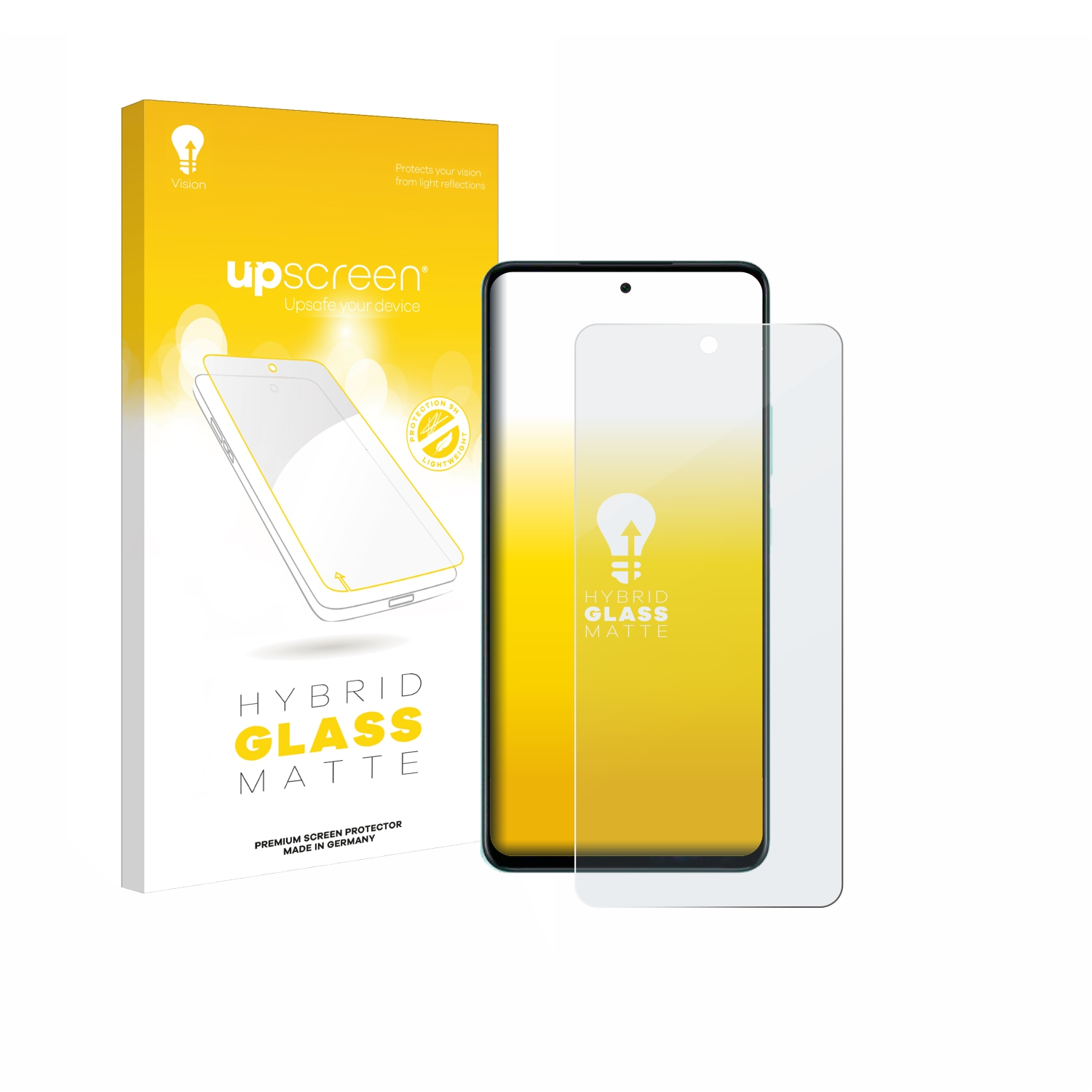 Verpackung und Displayschutzfolie für ein Handy. Der Karton ist gelb mit Text.