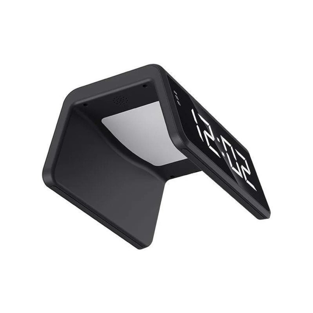 Czarny budzik cyfrowy z lustrzanym wyświetlaczem i białym podświetleniem.