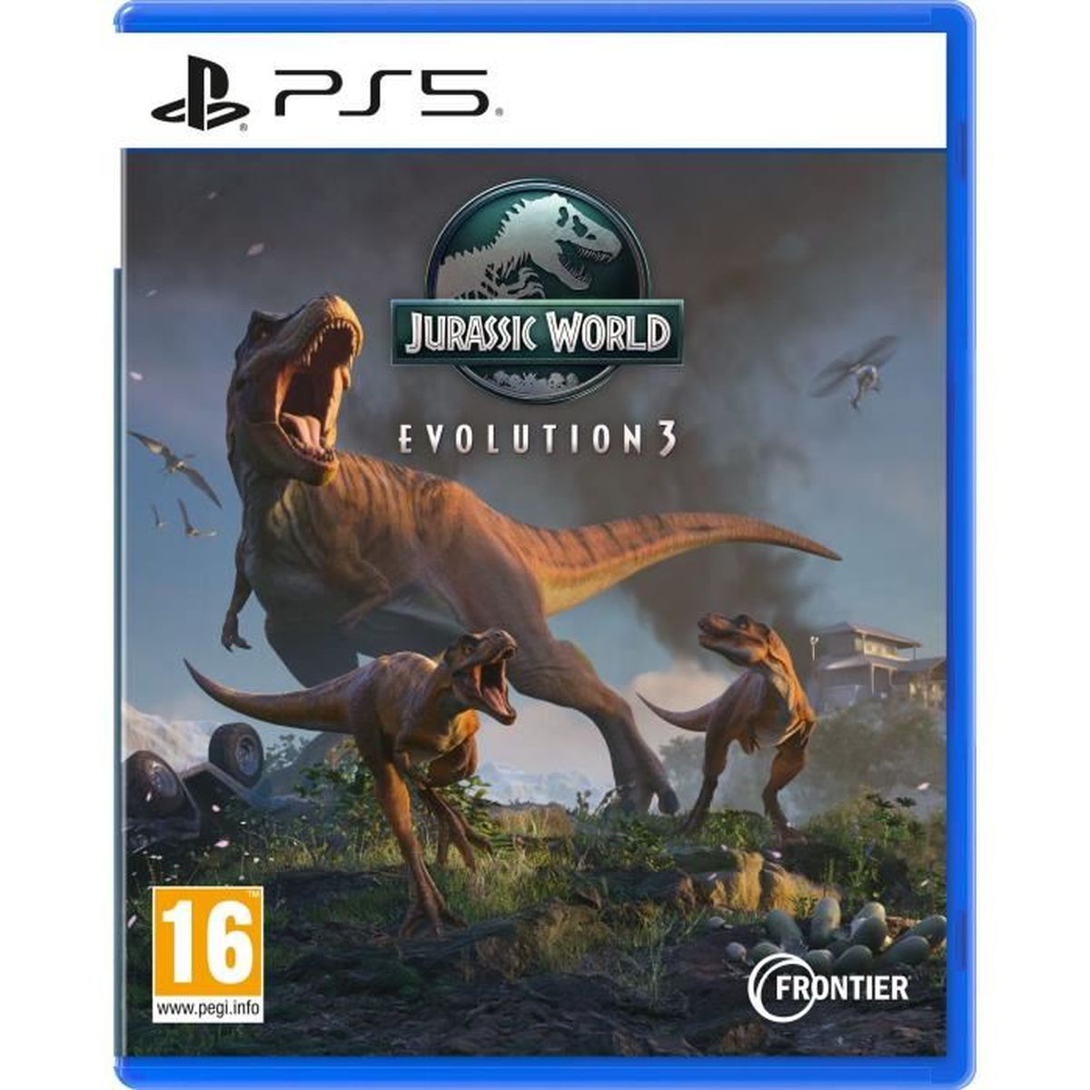 Gioco PS5 Jurassic World Evolution 3 con dinosauri, casa ed elicottero.