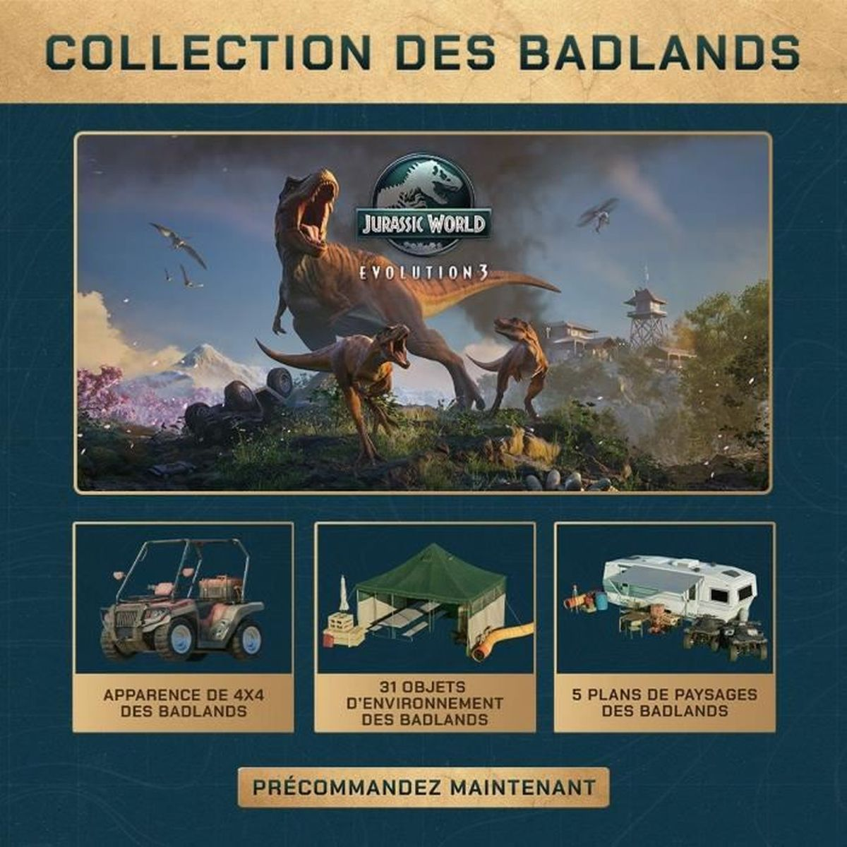 Jurassic World Evolution 3: Collezione Badlands con dinosauri, veicoli e tende.