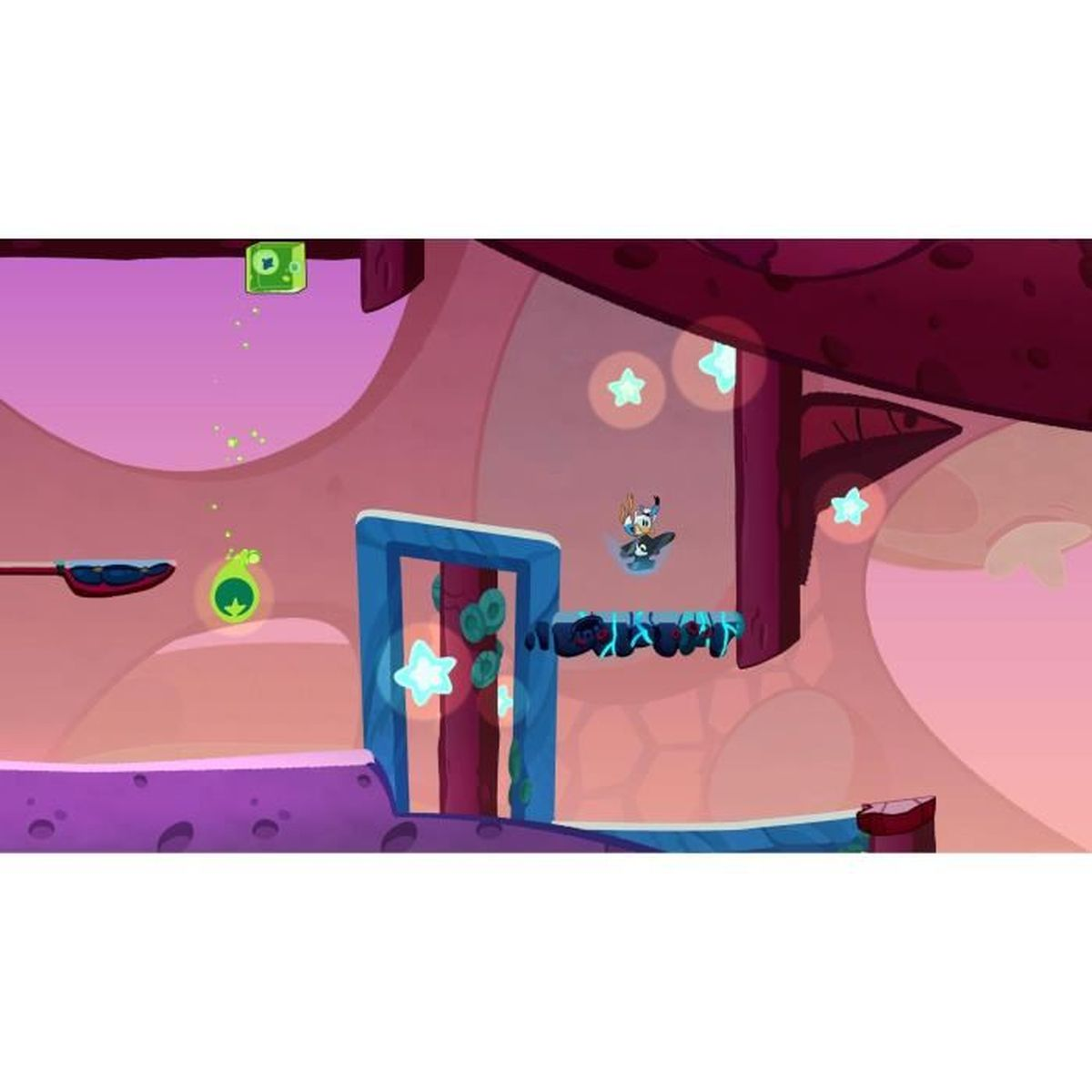 Un personaggio dei cartoni animati salta su una piattaforma in un mondo fantasy rosa e viola.