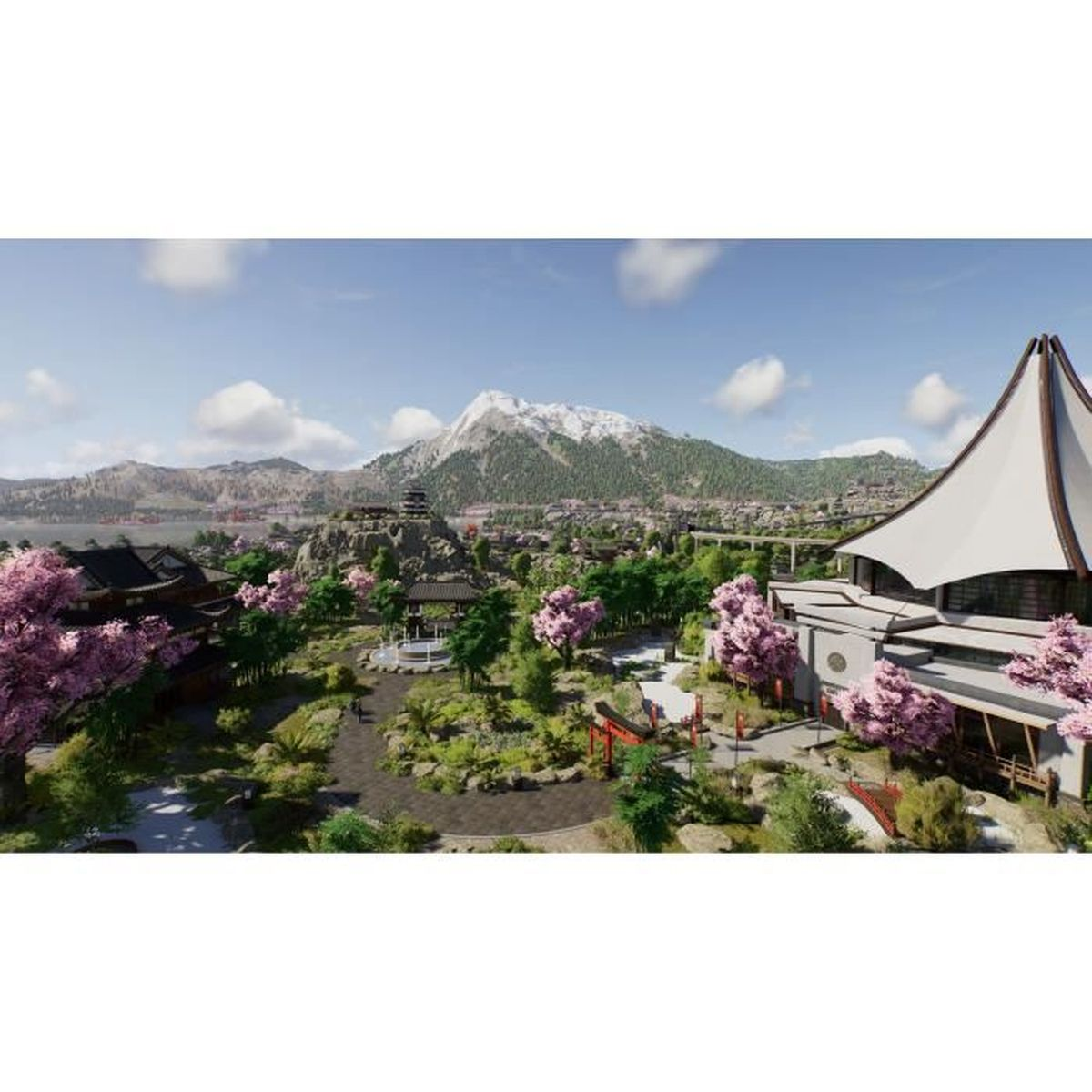 Un ampio giardino giapponese con ciliegi in fiore, pagode e una montagna innevata.