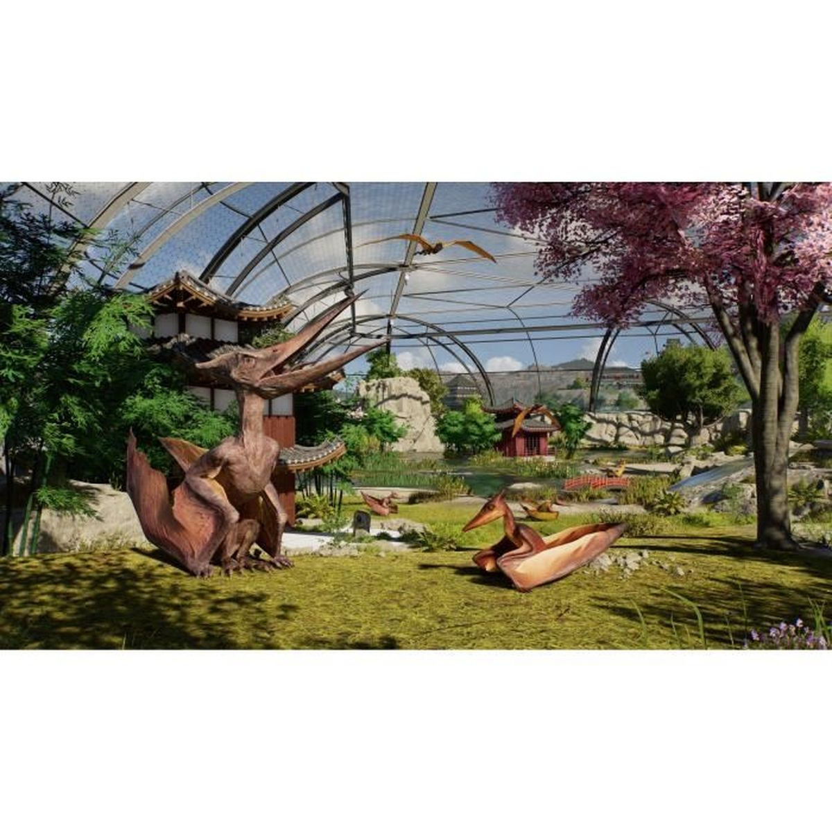 Recinto di pterosauri con edifici asiatici, alberi e stagni.