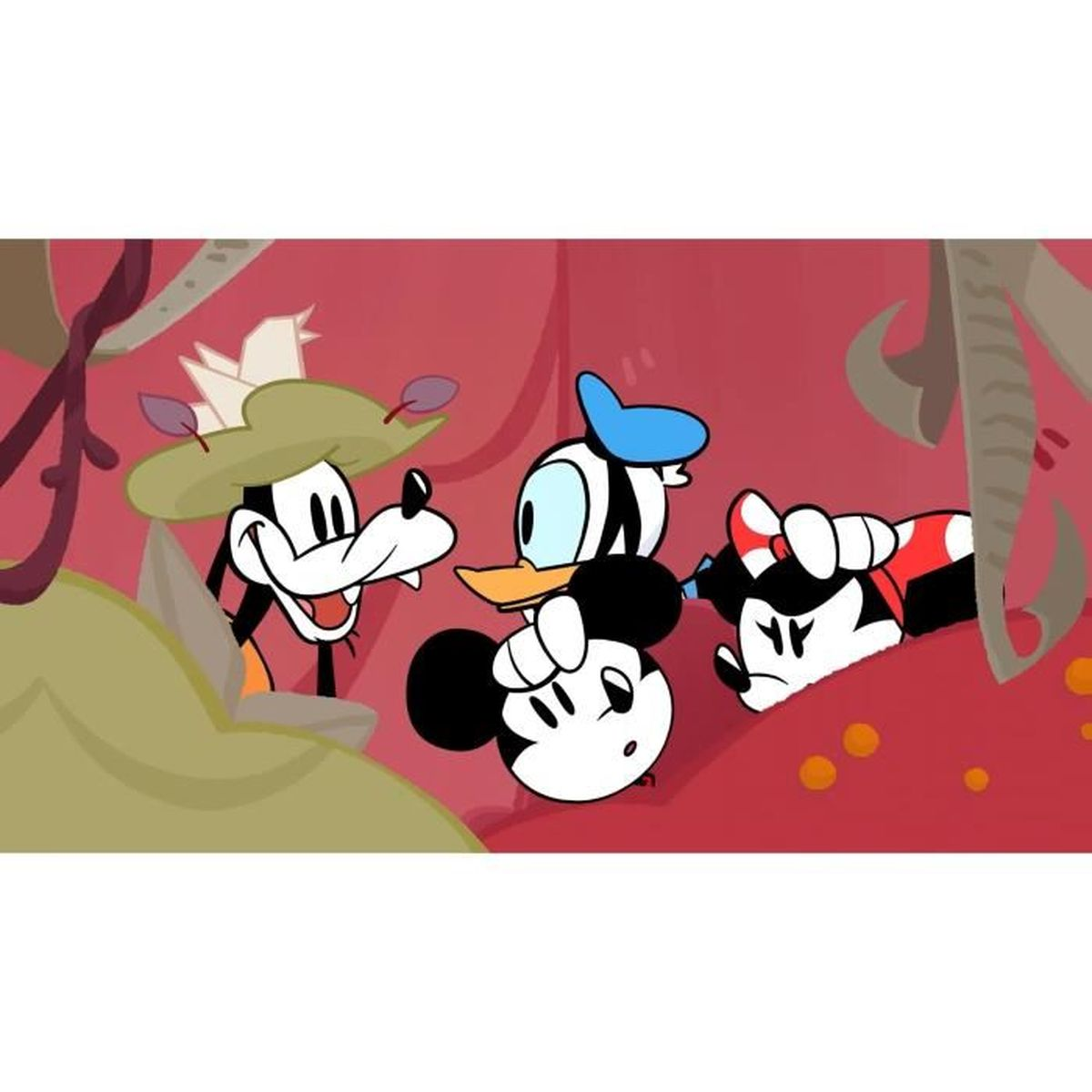 Mickey, Donald e Pippo in un ambiente rosso con piante.