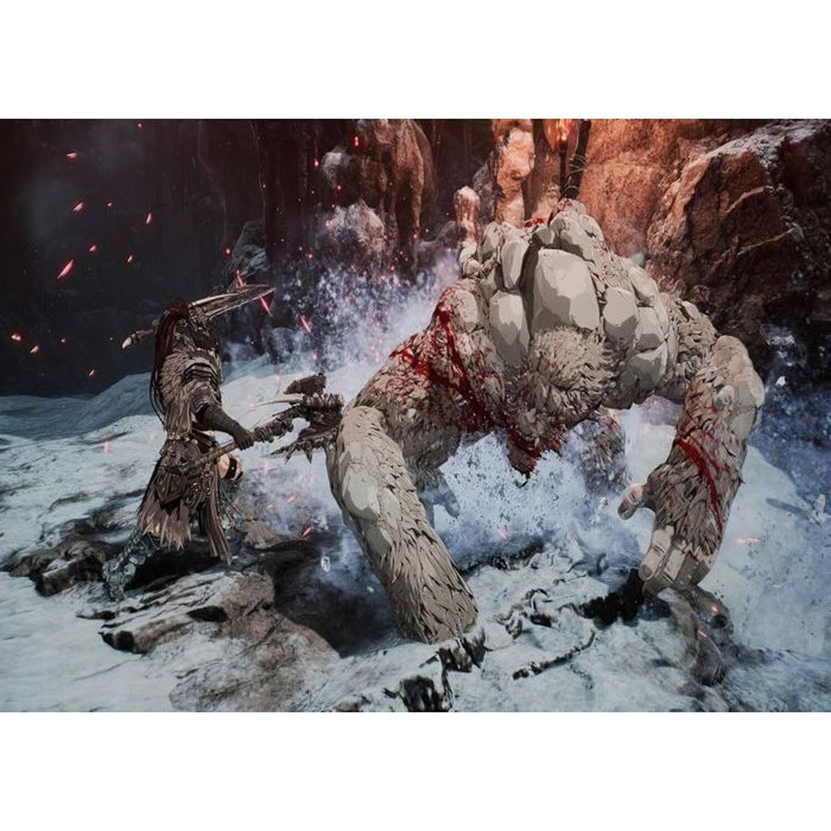 Un guerriero combatte un gigante roccioso in un paesaggio innevato.