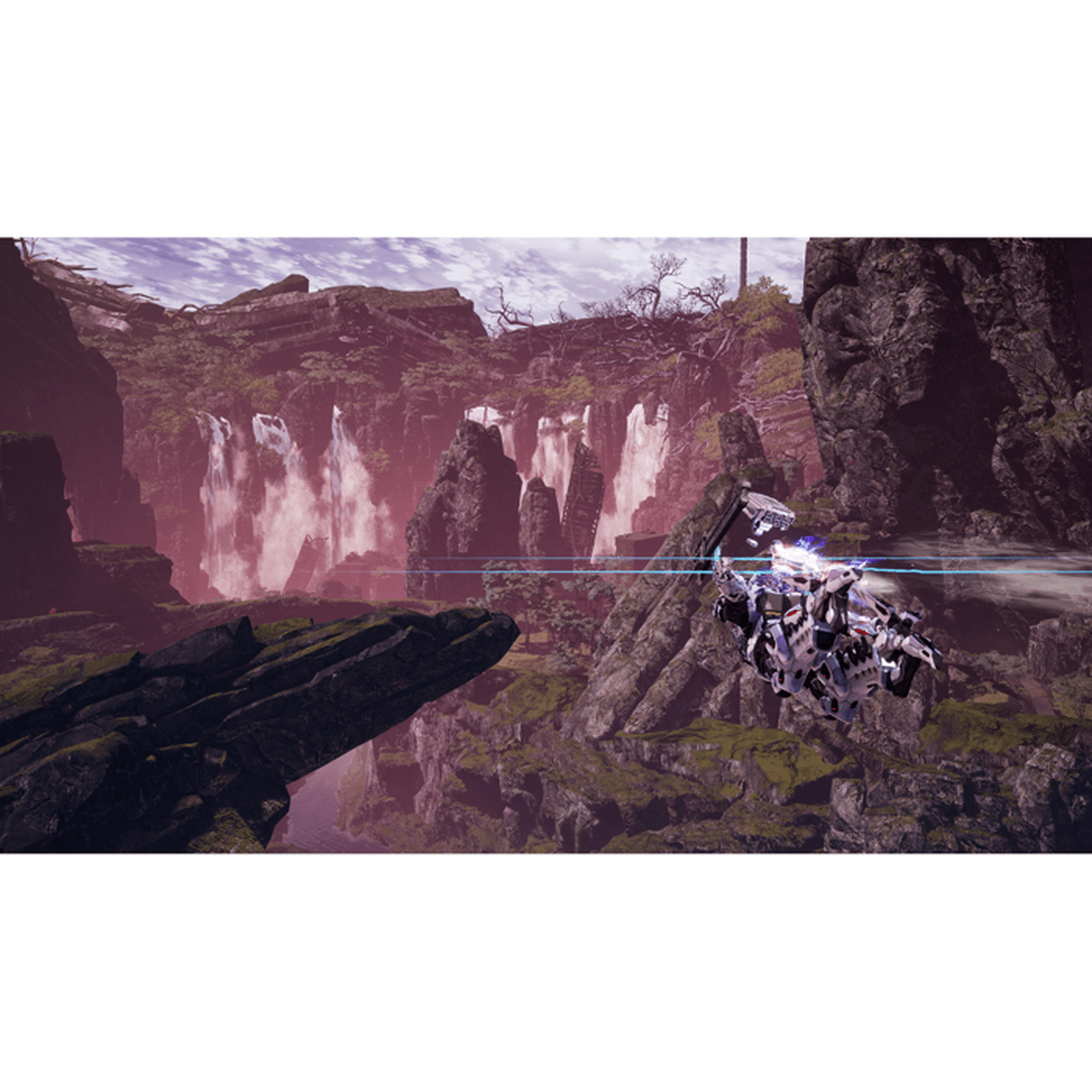 Un velivolo meccanico vola attraverso un canyon con cascate e vegetazione lussureggiante.