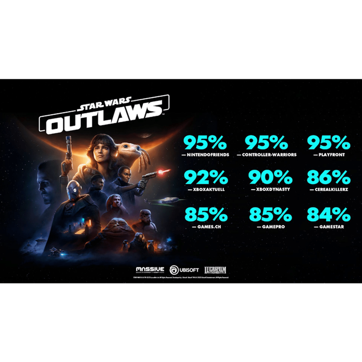 Poster di Star Wars Outlaws con personaggi e valutazioni dall'84-95%.