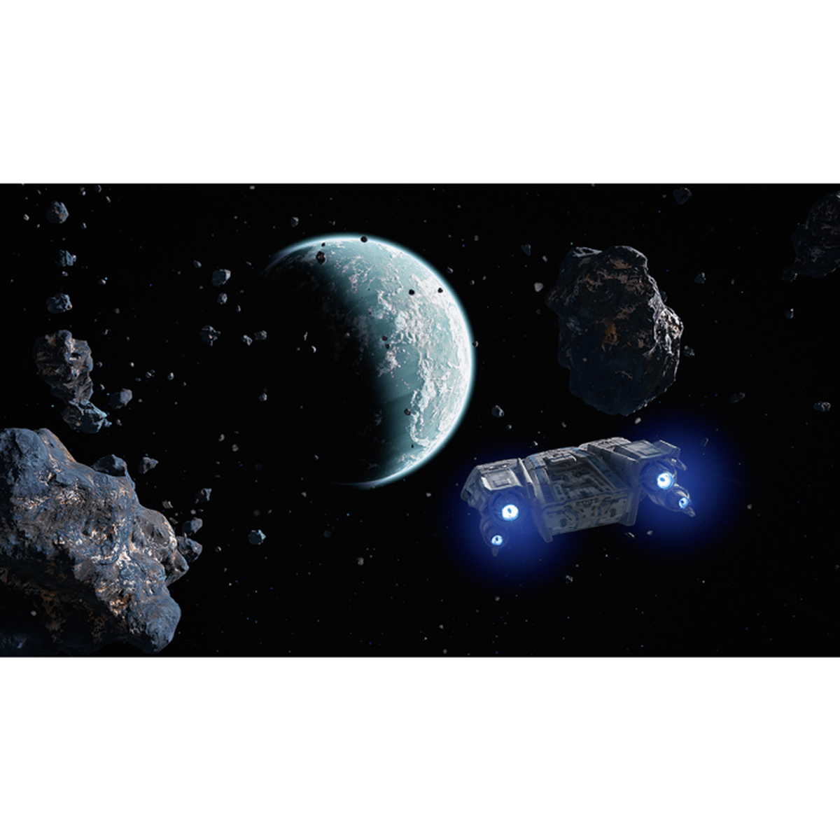 Astronave passa accanto a un pianeta e asteroidi.
