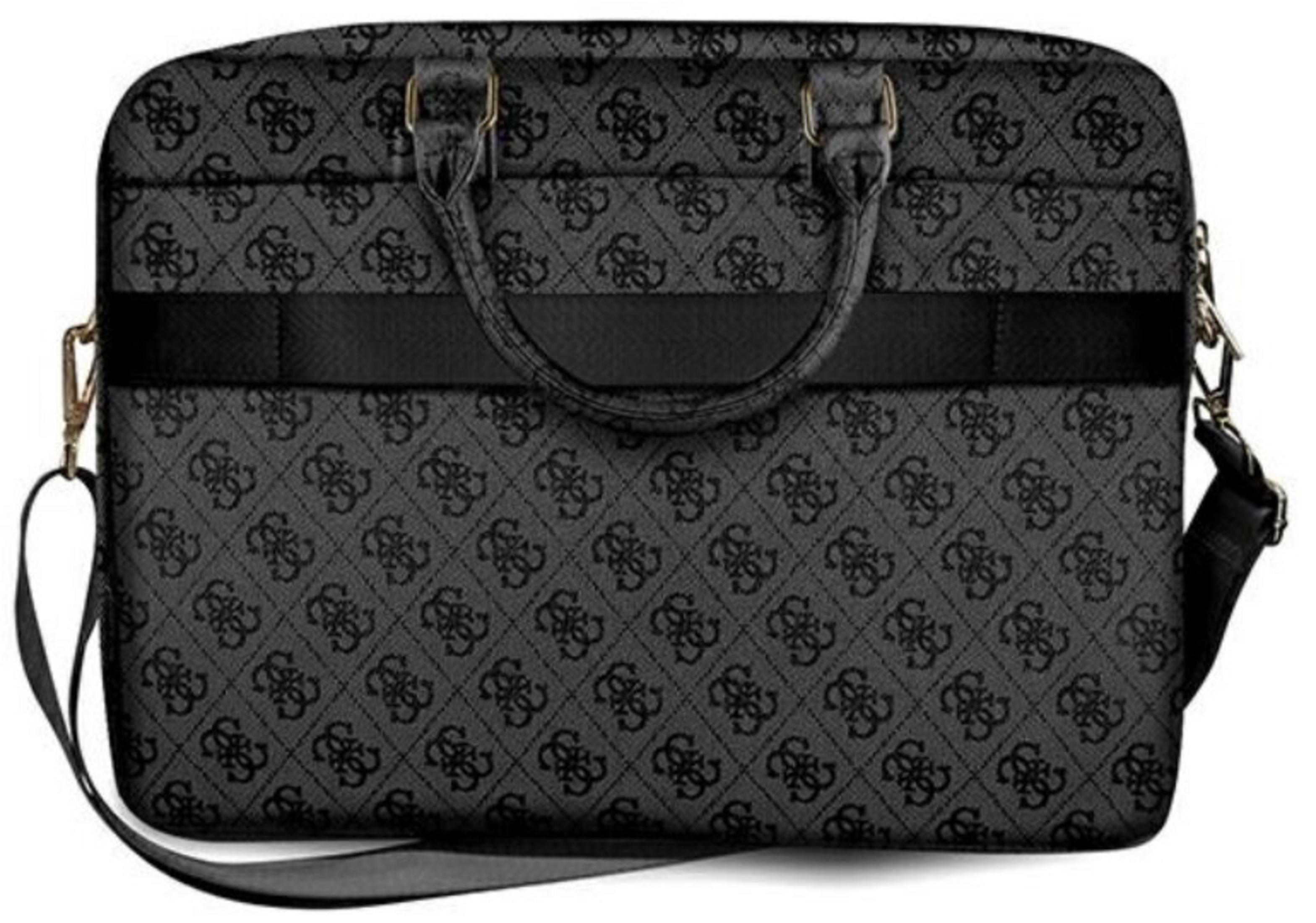 Czarna torba na laptopa ze wzorem logo Guess, uchwytami i paskiem.