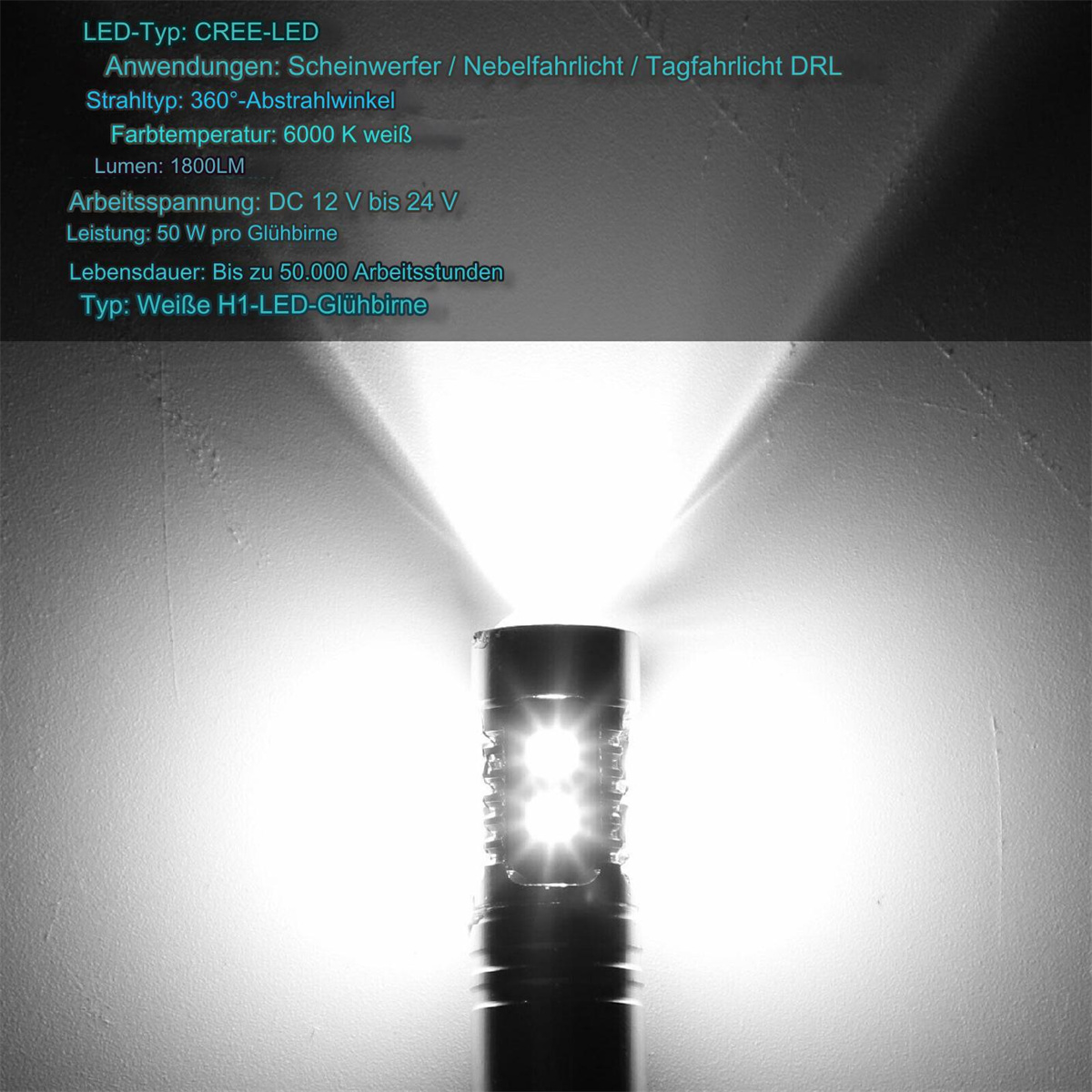 Eine weiße H1 LED-Glühbirne leuchtet hell mit 360° Abstrahlwinkel.
