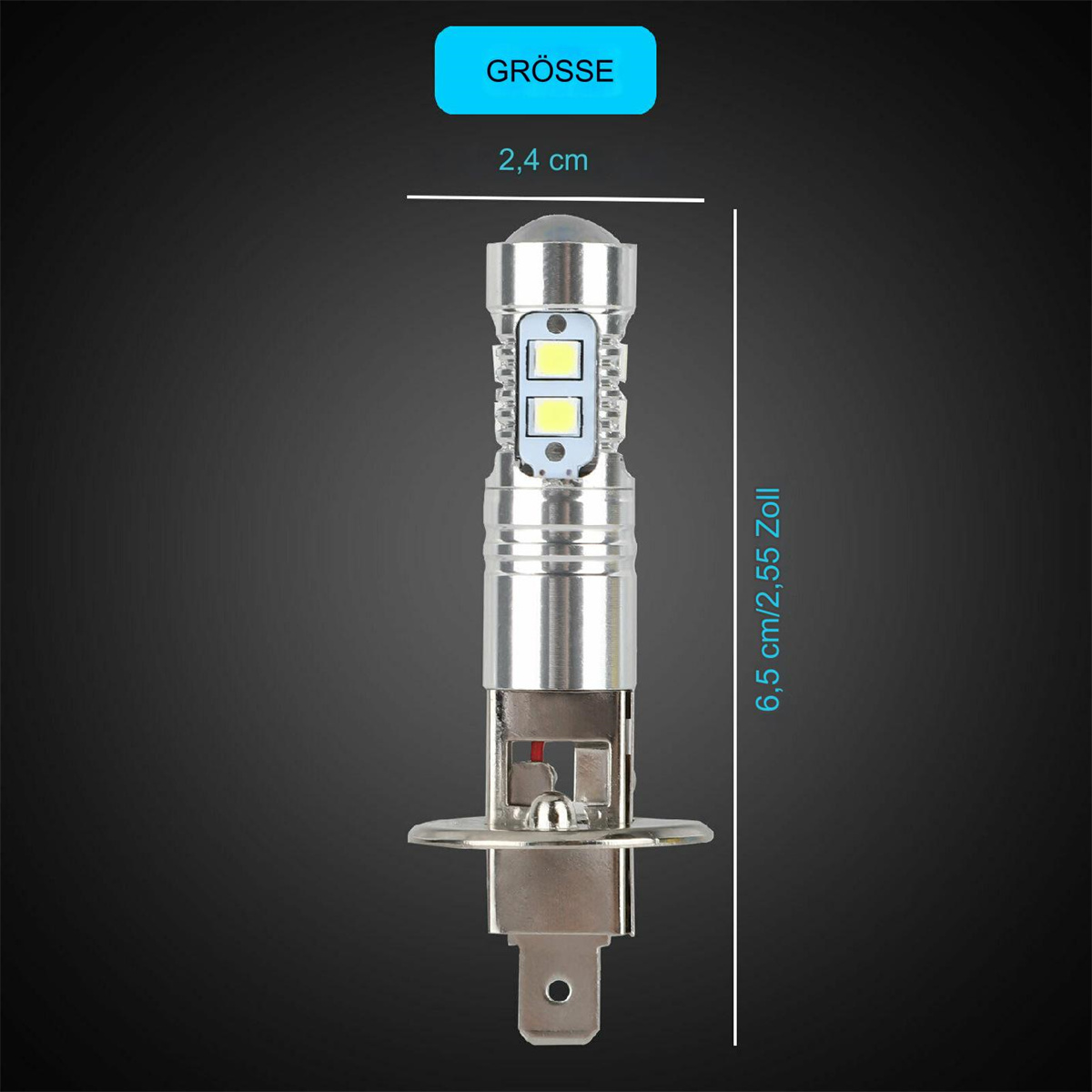 Silberne LED-Lampe mit zwei Leuchtelementen. Maße: 2,4 cm x 6,5 cm.