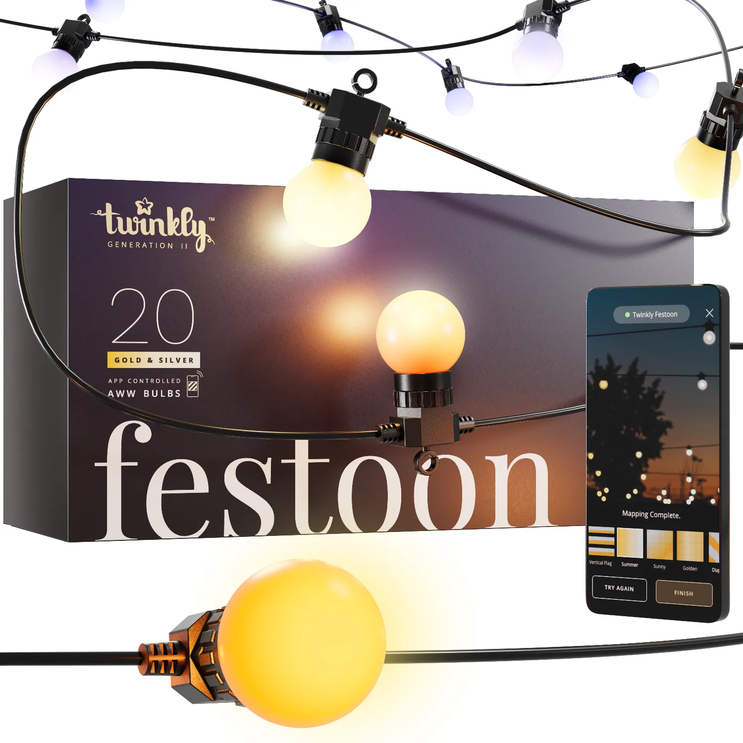 Lampki Twinkly Festoon, 20 żarówek złoto-srebrnych, sterowane aplikacją.
