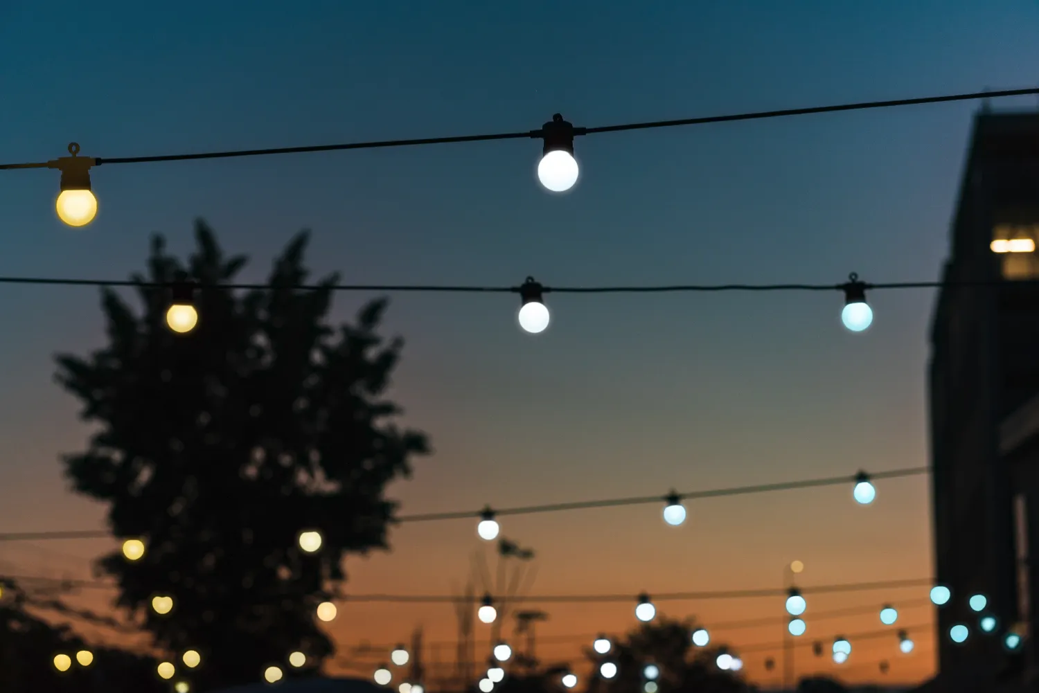 Lampki sznurkowe wiszą na wieczornym niebie, z drzewem i budynkiem.