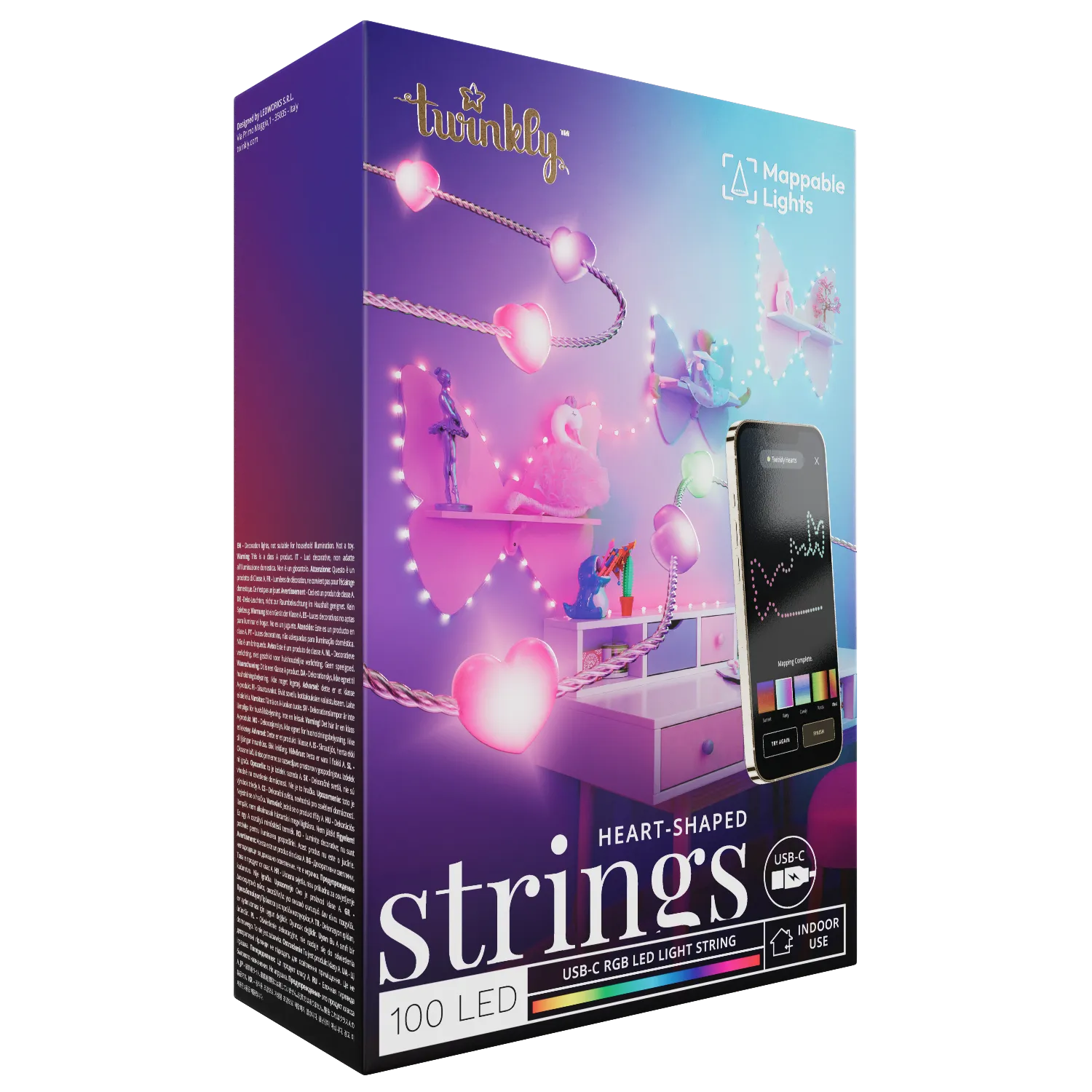 Lampki Twinkly w kształcie serca, 100 LED, USB-C, RGB, do użytku wewnątrz.