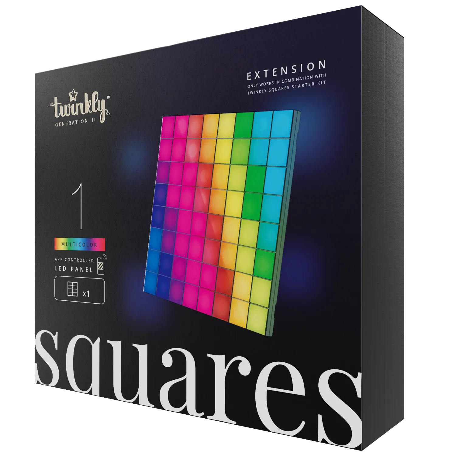 Opakowanie panelu LED Twinkly z wielokolorowym wzorem światła i nazwą produktu.