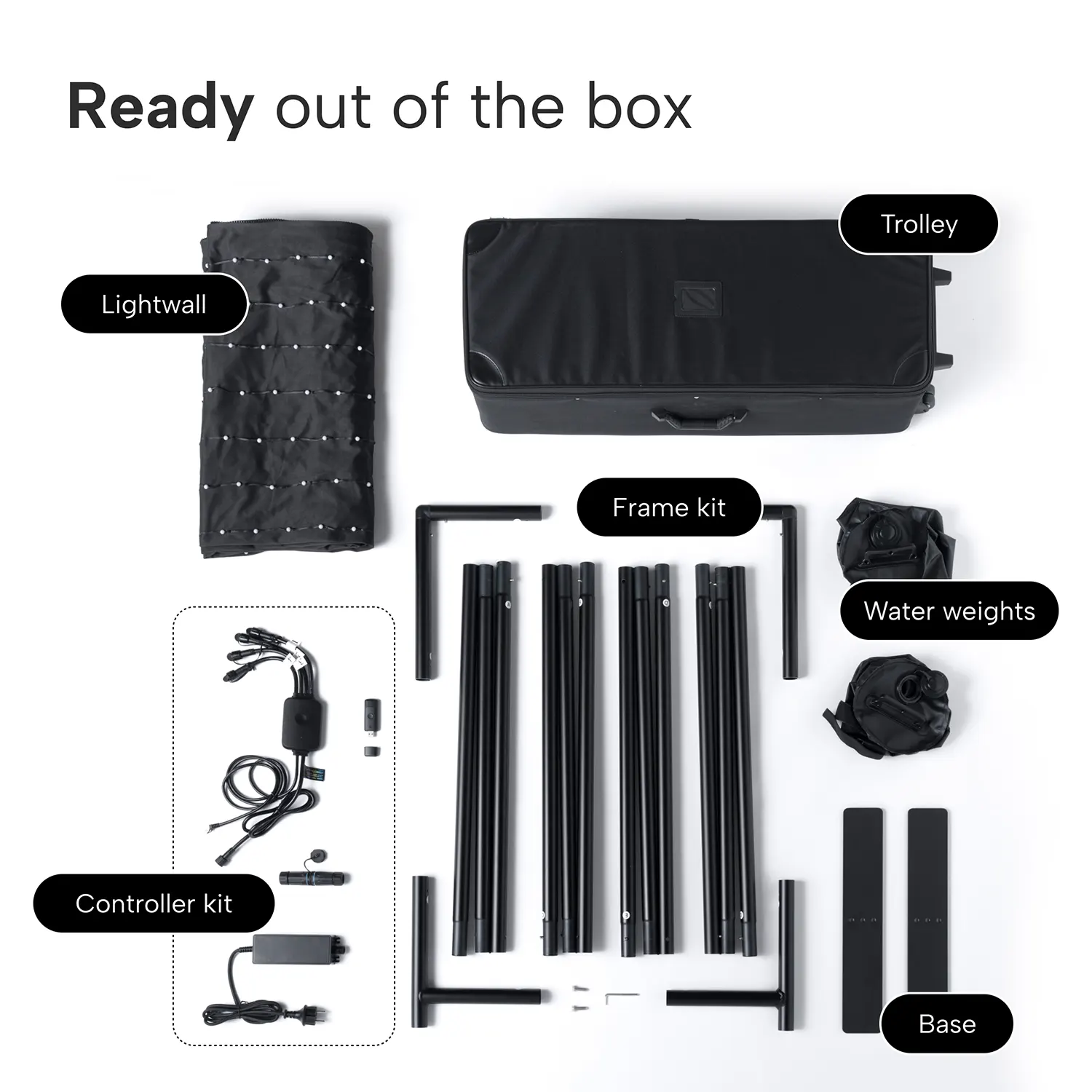 Ściana świetlna, wózek, zestaw ramowy, zestaw kontrolera, obciążniki wodne i podstawa.