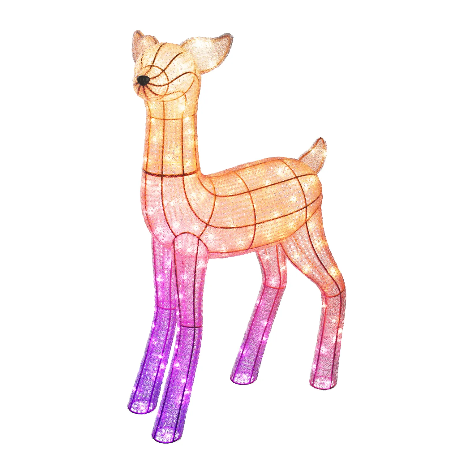 Podświetlana figurka jelenia z gradientem kolorów od pomarańczowego do fioletowego.
