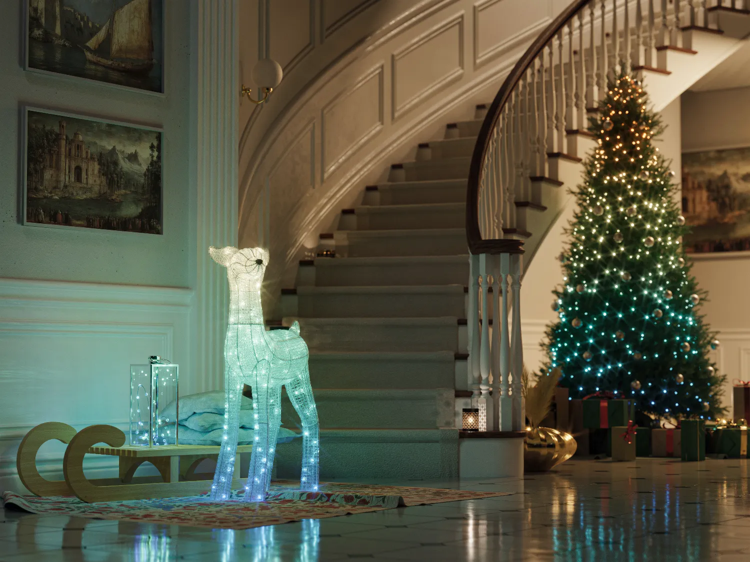 Świecący renifer i sanie stoją przy schodach z choinką.