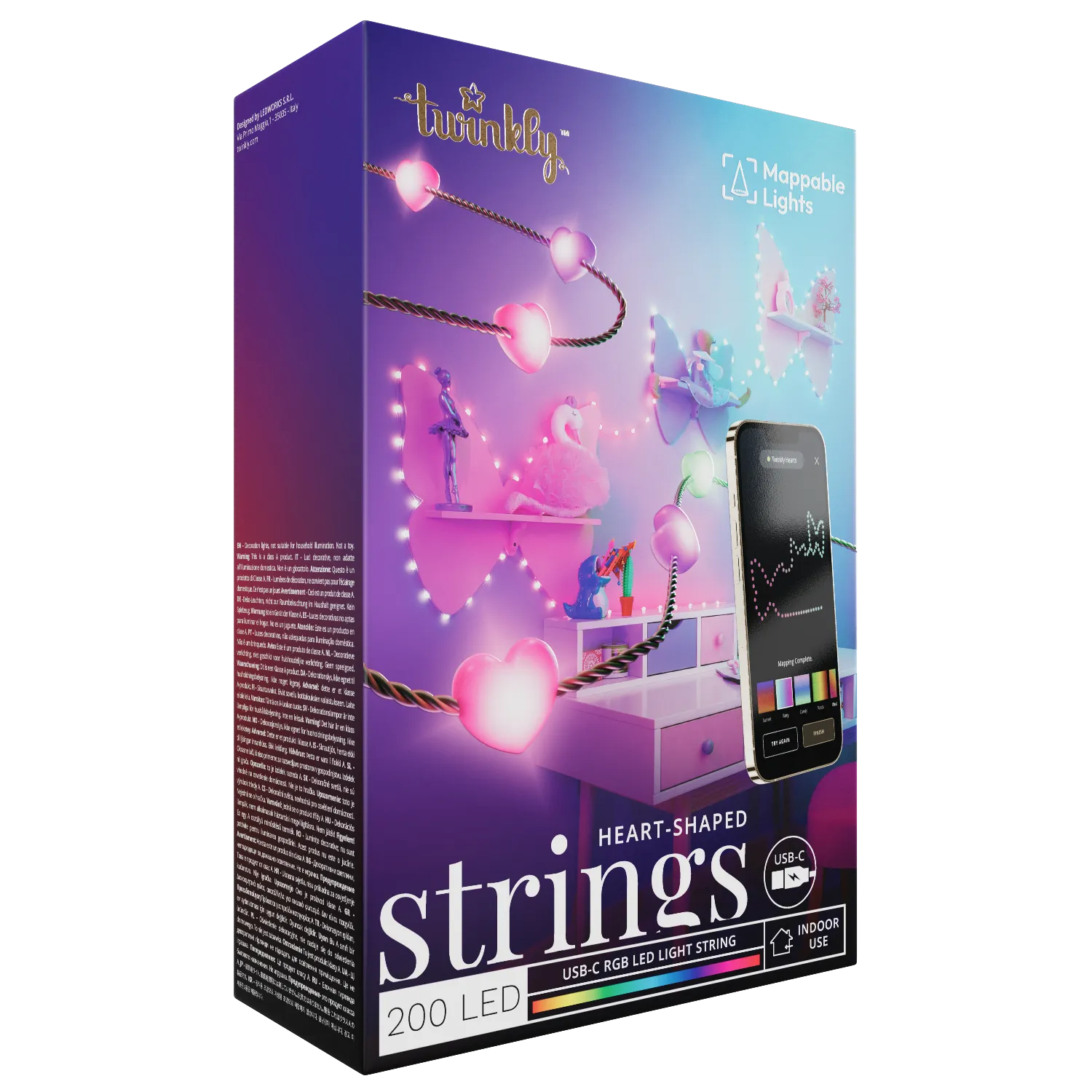 Lampki Twinkly w kształcie serca, 200 LED, USB-C, RGB, do użytku wewnątrz.