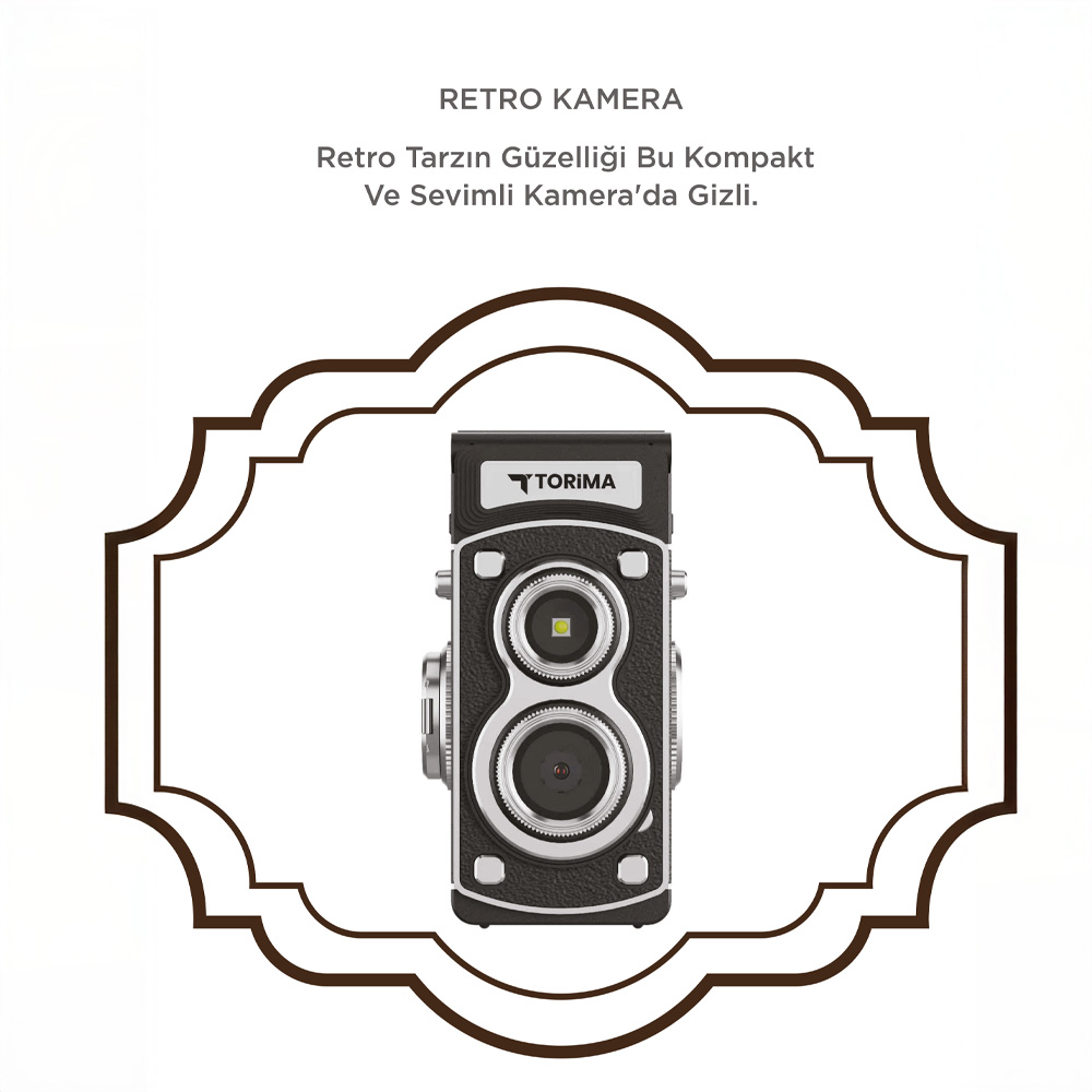 Flaşlı ve TORIMA logolu siyah-gümüş retro çift lensli kamera.