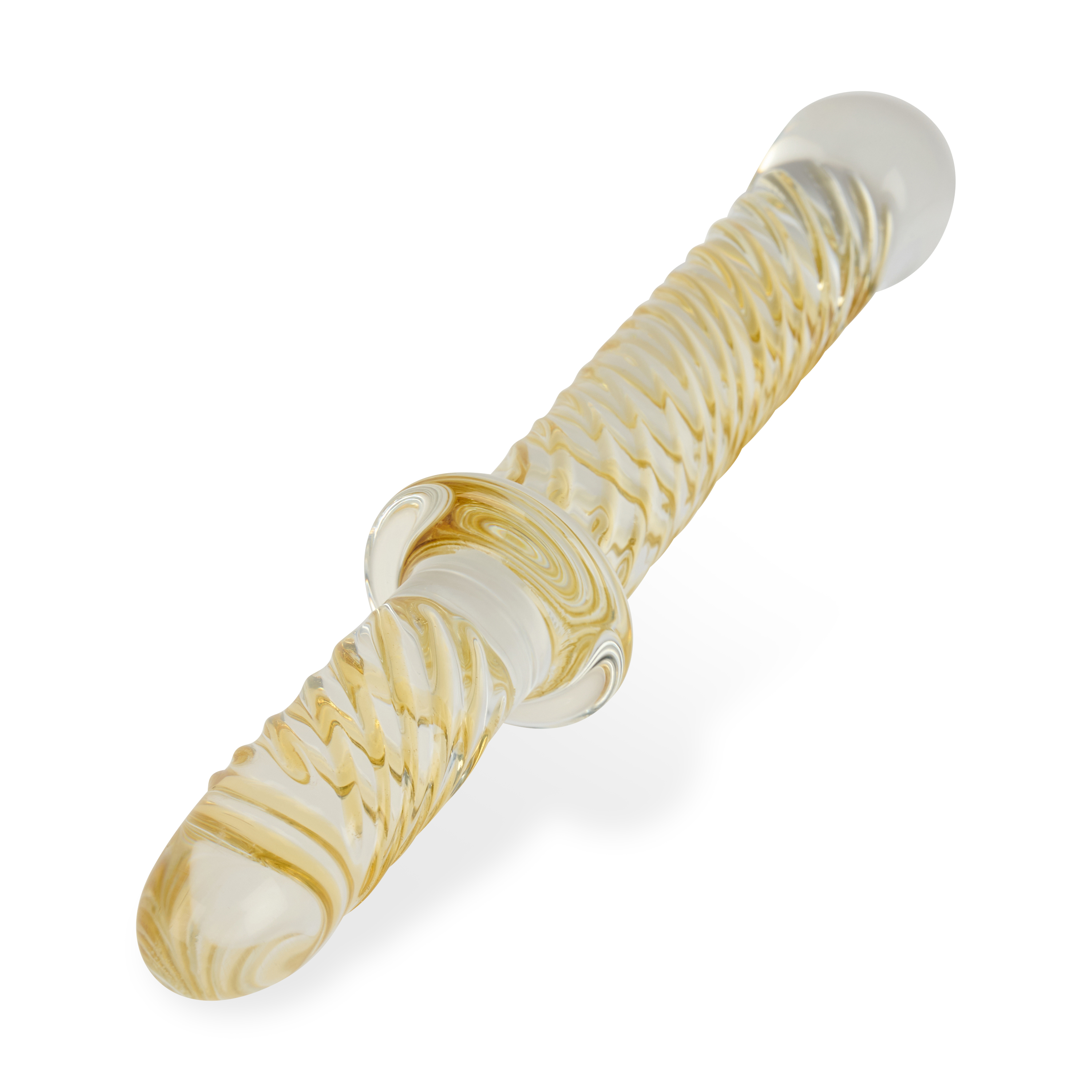 Una varita de cristal con espirales doradas y un mango.