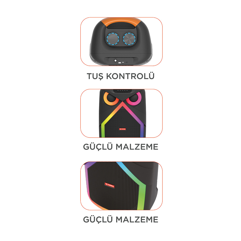 Üstte renkli ışıklara ve kontrol düğmelerine sahip siyah hoparlör.